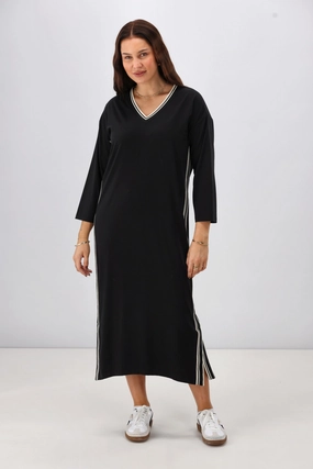 Fall Fashion Shine On Label Kiki Knit Dress with Stripe Tape Neck Black