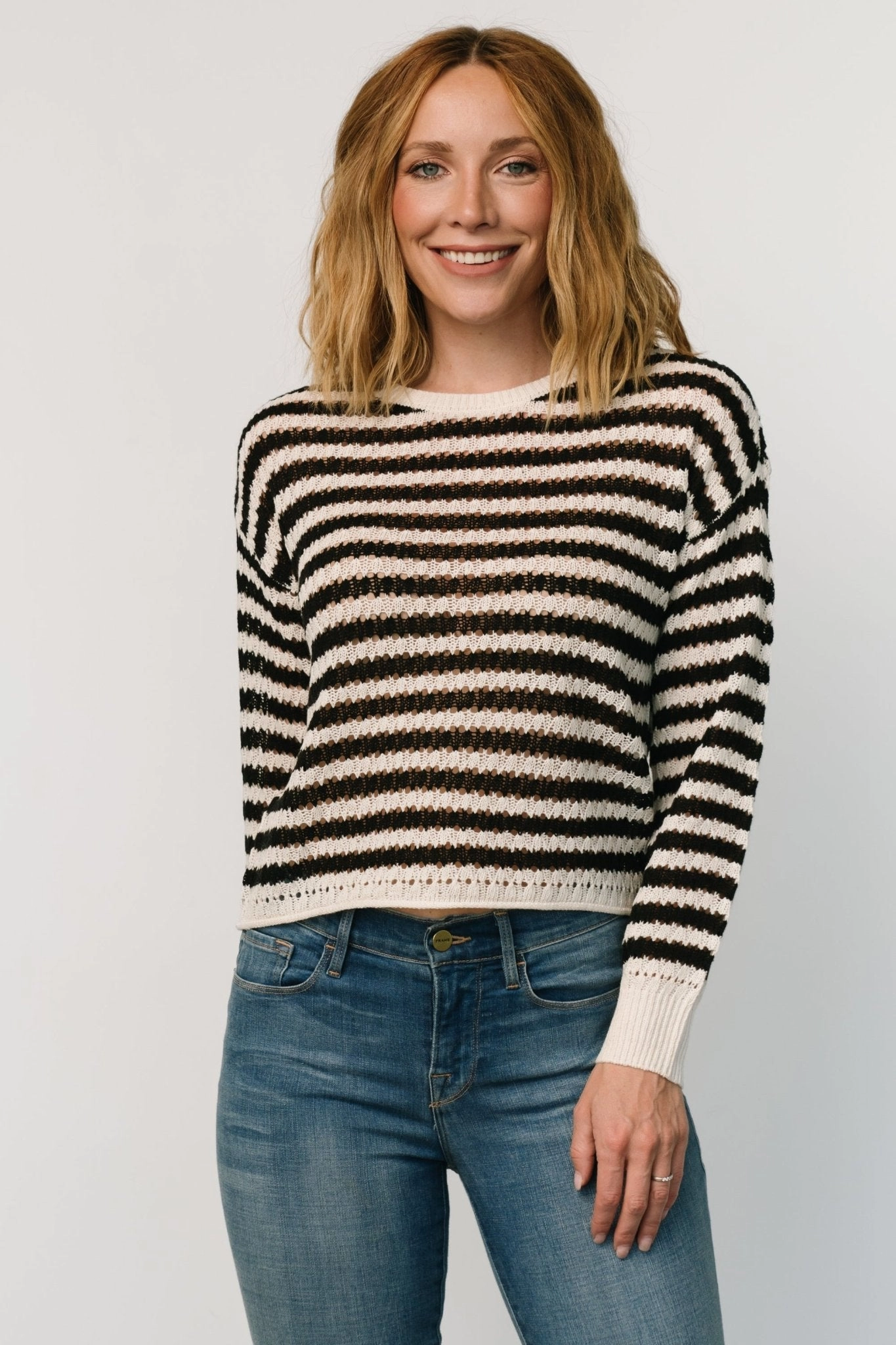 Dawn Open Knit Top | Black   Ivory Natural Fiber Blend Soft Touch Comfort