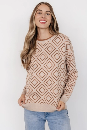 Asther Diamond Sweater | Oatmeal   Camel Soft Fabric Look Slim Waist