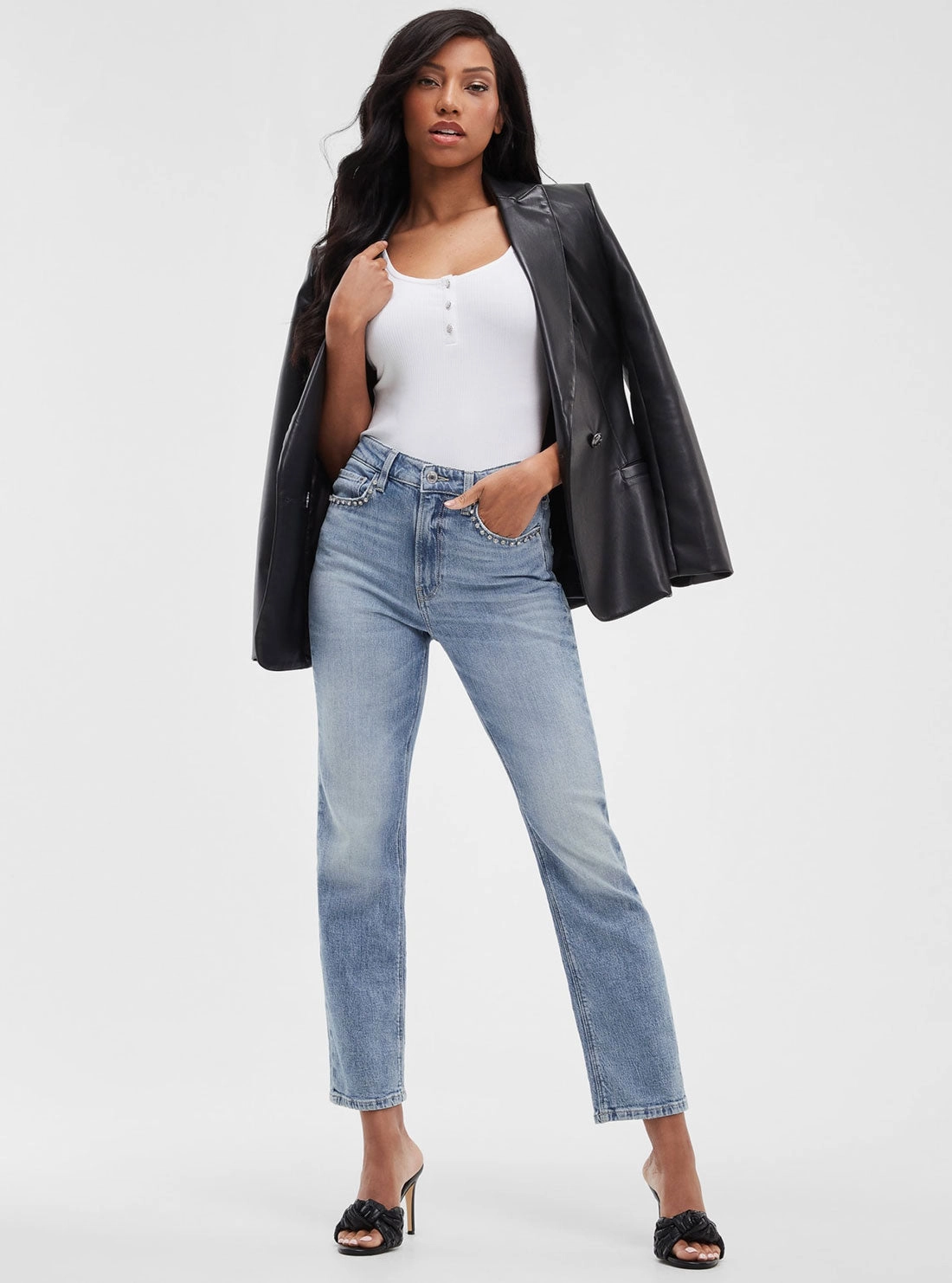 Stone Wash Finish Unisex Outfit Eco High-Rise Straight Leg Girly Denim Jeans in Feel Pretty Wash