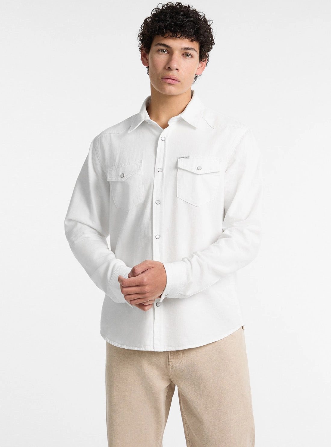 comfortable option Social Meetup Guess Jeans Eco White Slim Denim Twill Shirt