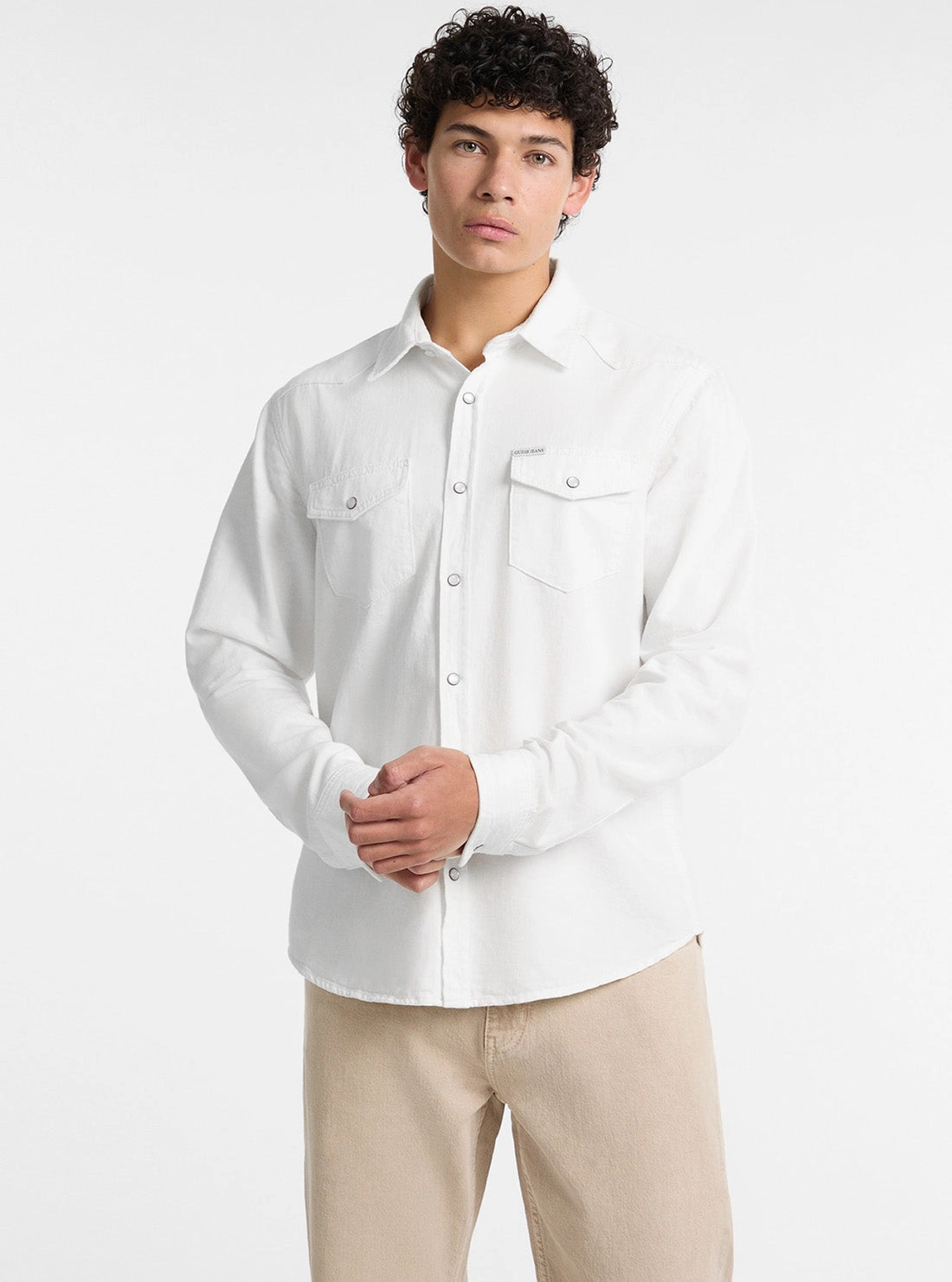 Guess Jeans Eco White Slim Denim Twill Shirt Holiday Style Smooth zipper closure