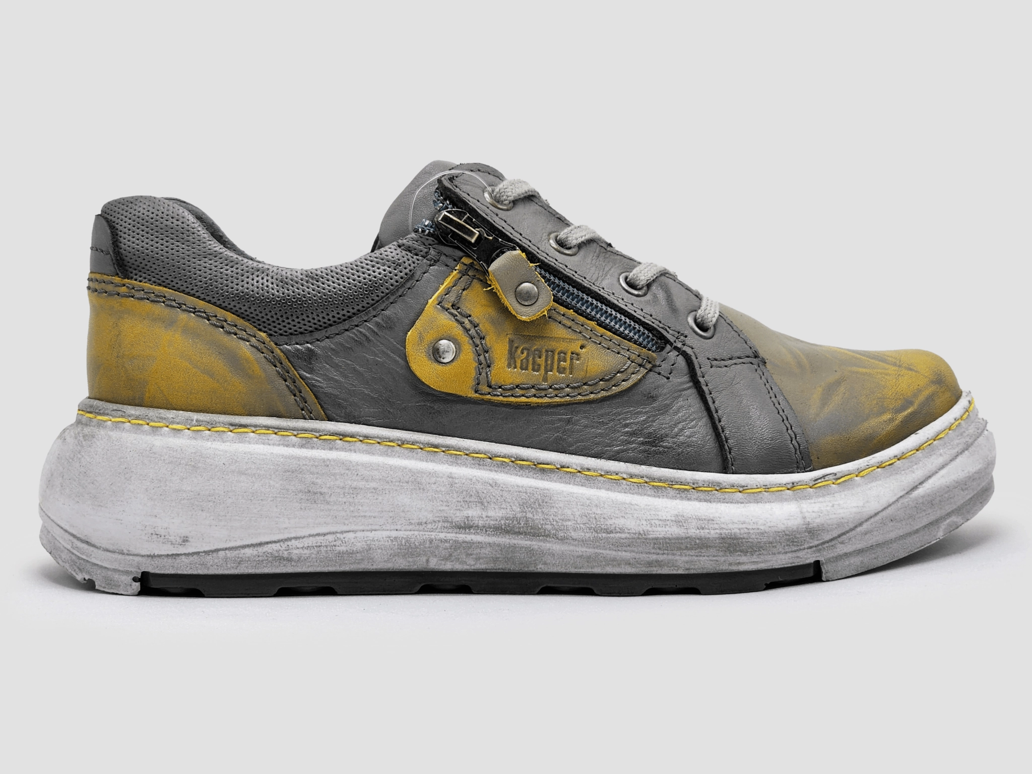 Women's Retro Zip-Up Leather Shoes - Grey/Yellow Urban Runner Pavement Ready