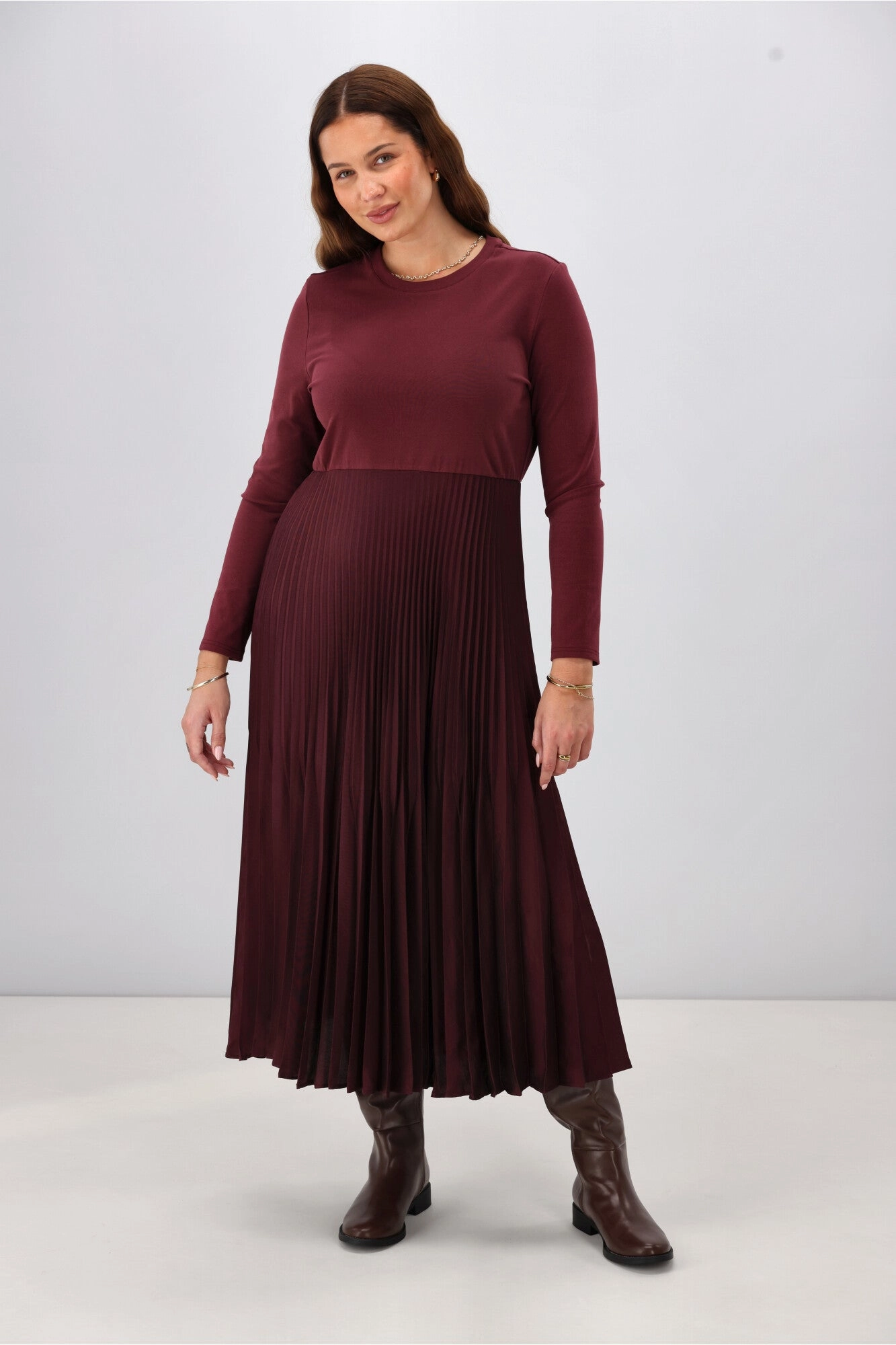 Gloss by Shine On Vester Knit Dress with Woven Pleat Skirt Wine High Hemline Peach Tone
