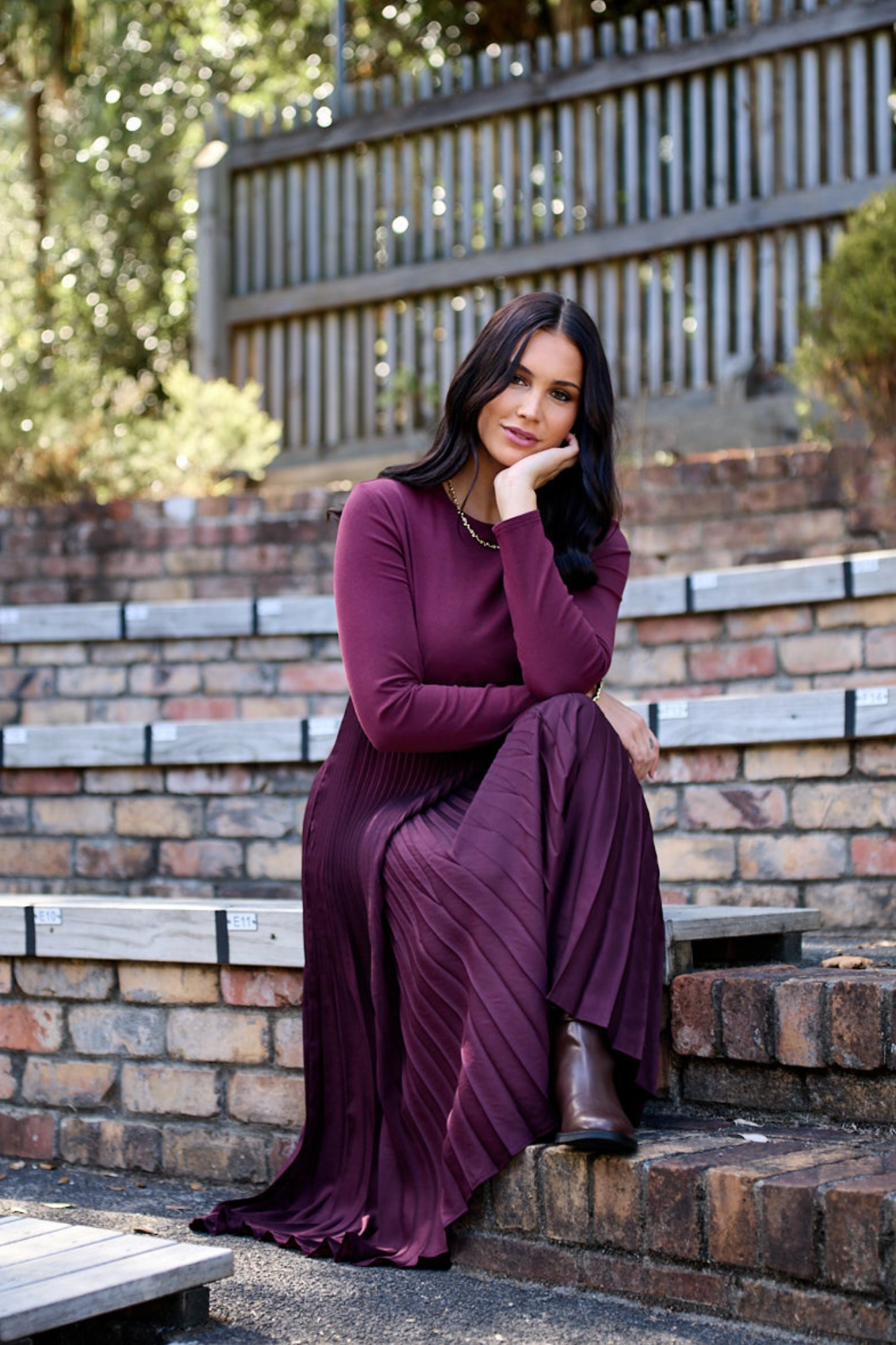 Gloss by Shine On Vester Knit Dress with Woven Pleat Skirt Wine Chic Waist