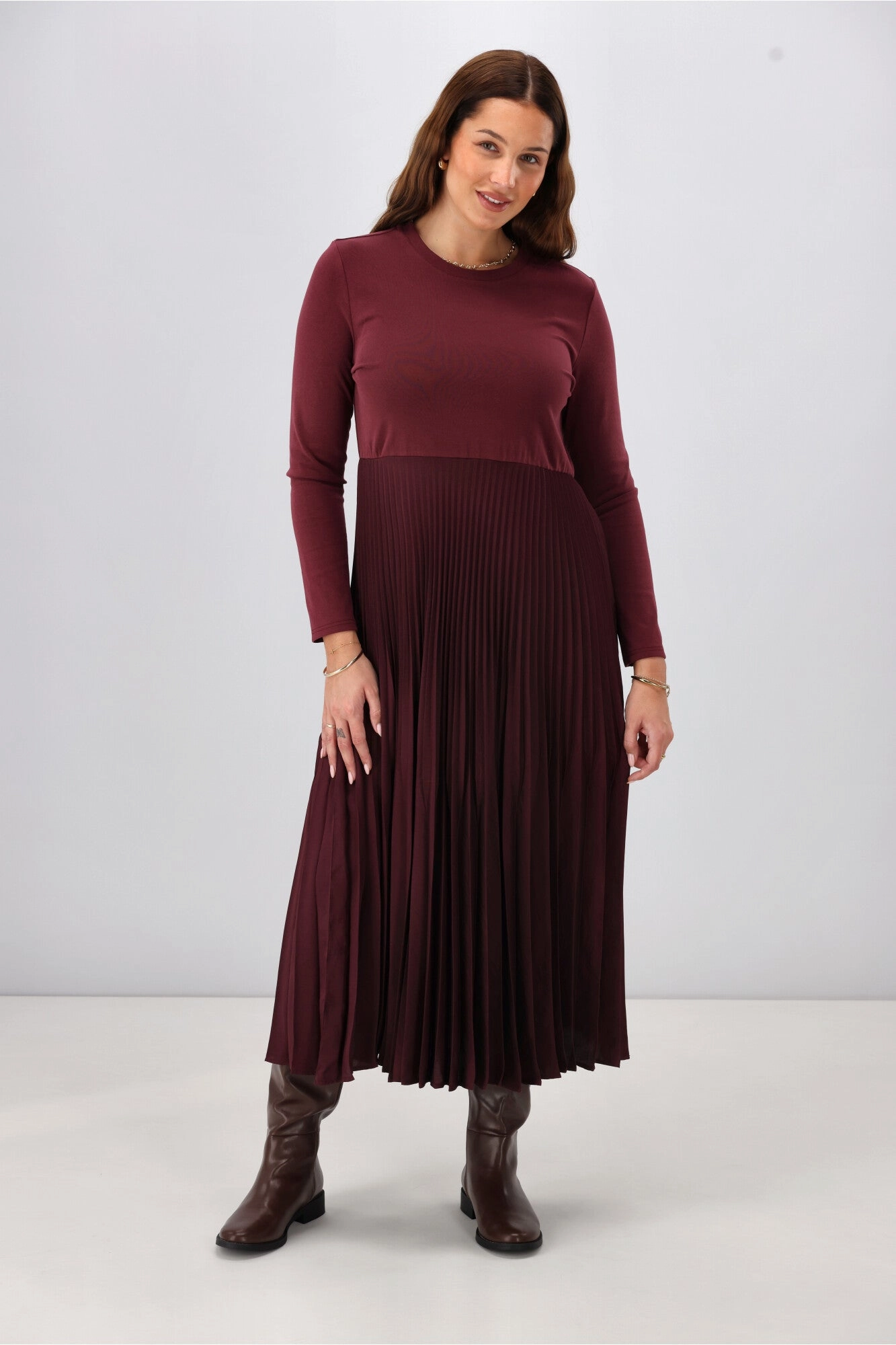 Gloss by Shine On Vester Knit Dress with Woven Pleat Skirt Wine All Fitwear
