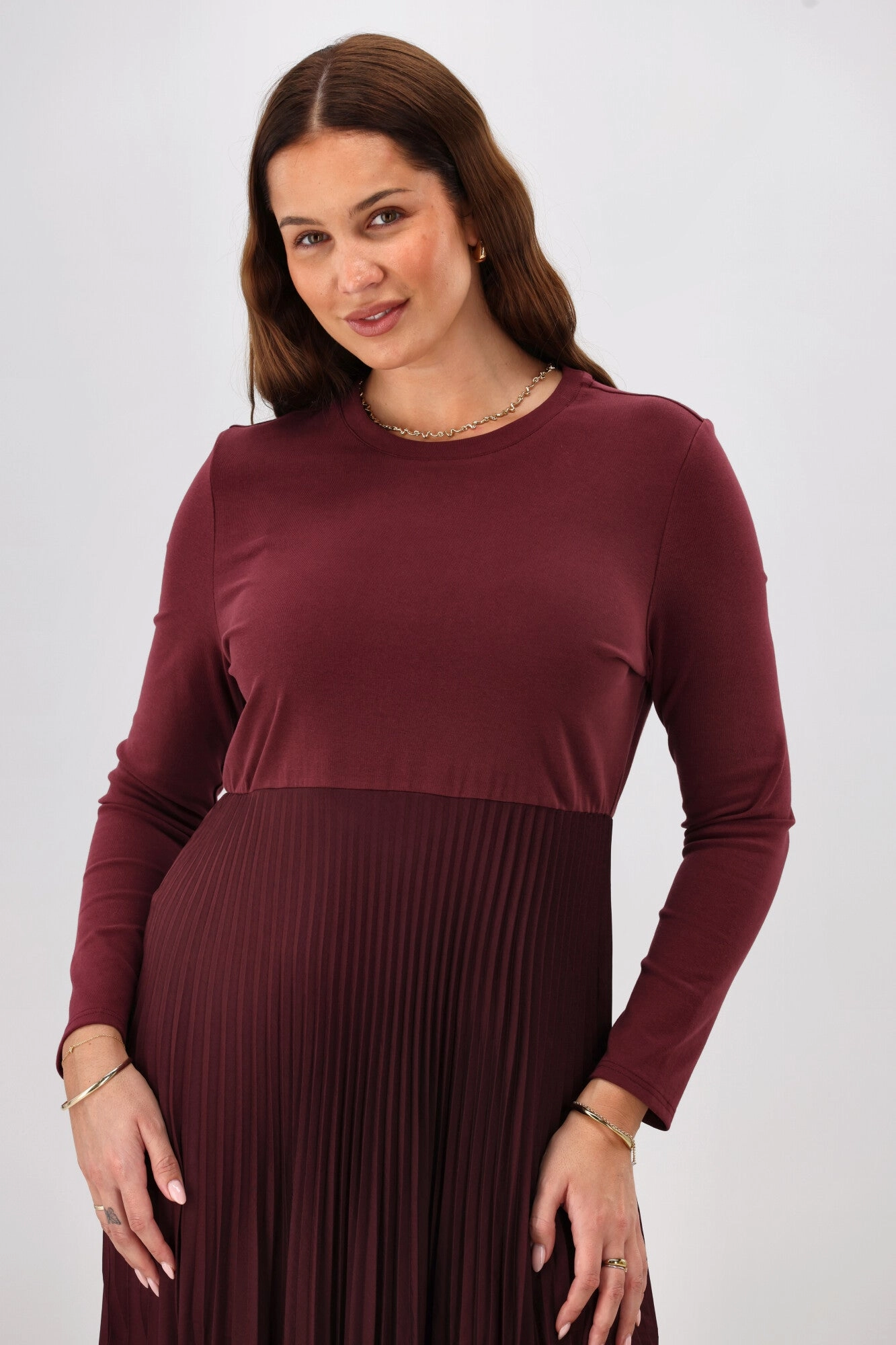 Tailored Style Gloss by Shine On Vester Knit Dress with Woven Pleat Skirt Wine