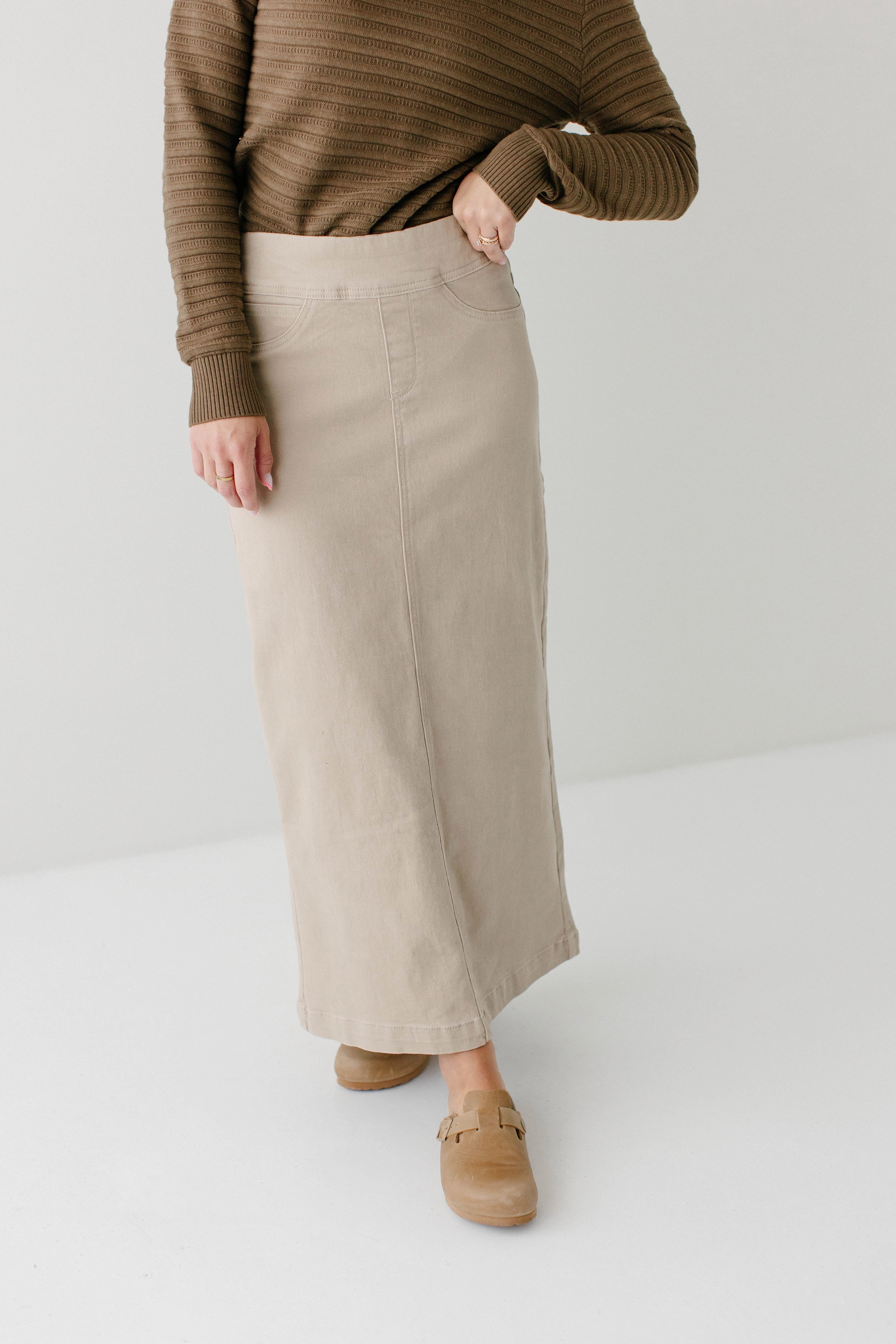 Double Layer Construction 'Sara' Long Stretch Denim Skirt in Khaki FINAL SALE