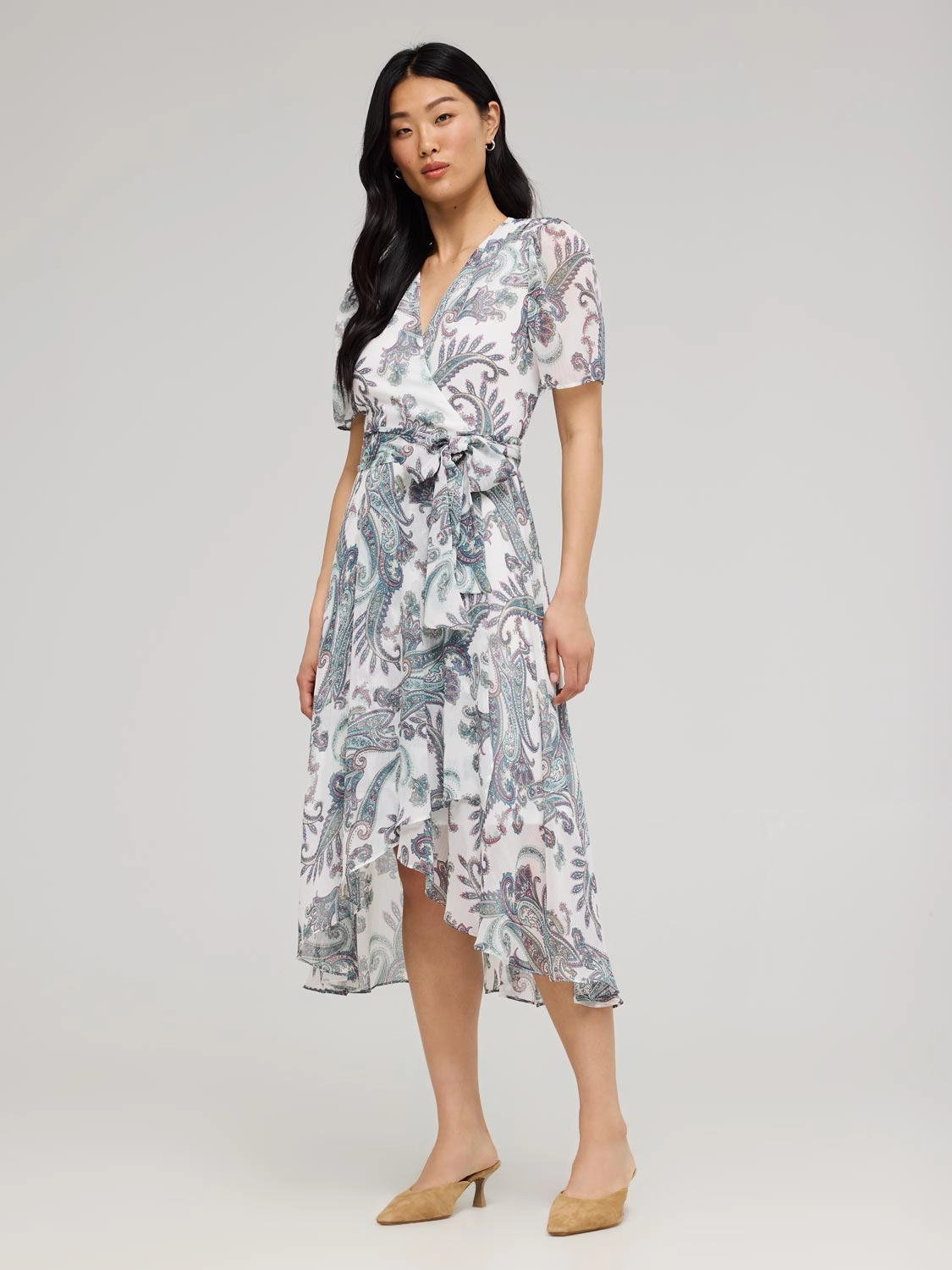 Paisley Print Cross-Front High-Low Midi Dress Stylish and Simple
