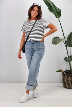 Cozy and Comfortable Shine On Label Zeke Wide Leg Jean with Turn Up Hem Washed Blue