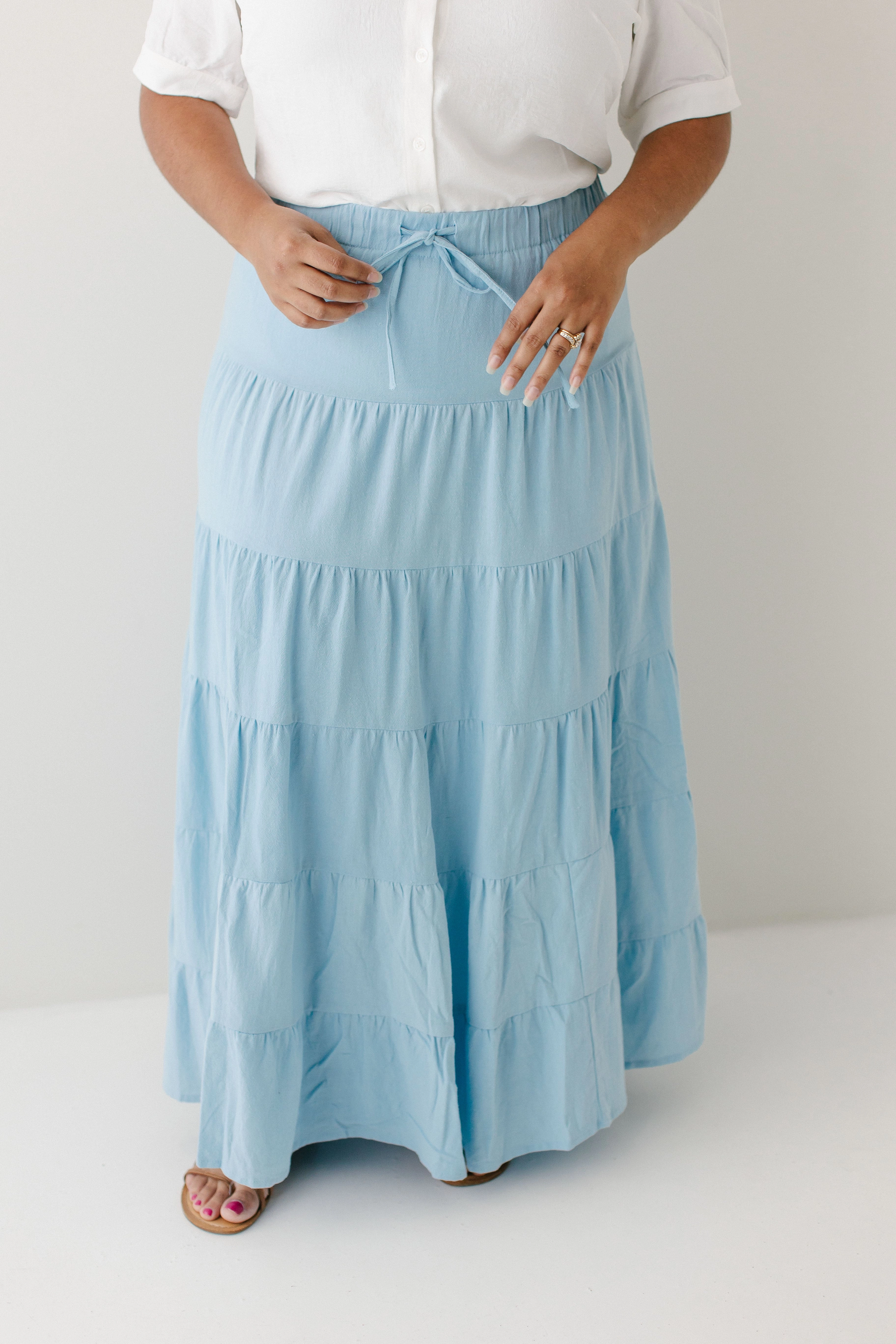Subtle Shimmer Photoshoot Ready 'Cove' Drawstring Tiered Cotton Maxi Skirt FINAL SALE