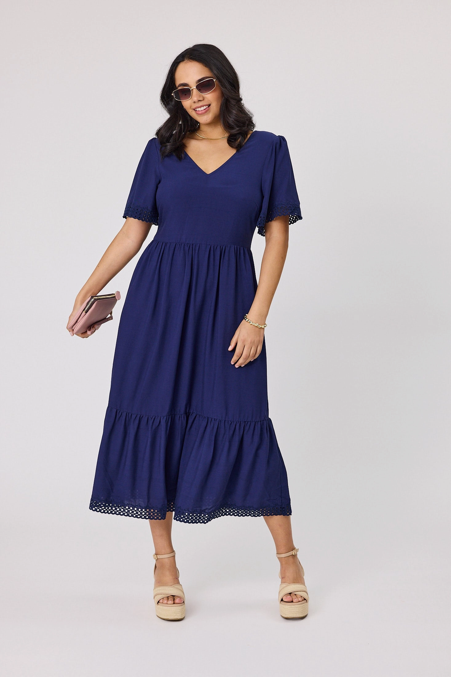 Gloss The Label Fortune Broderie Sleeve Dress Midnight Soft Contour