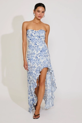 STRAPLESS FLORAL PRINT HI-LO RUFFLE HEM DRESS Sporty Comfort