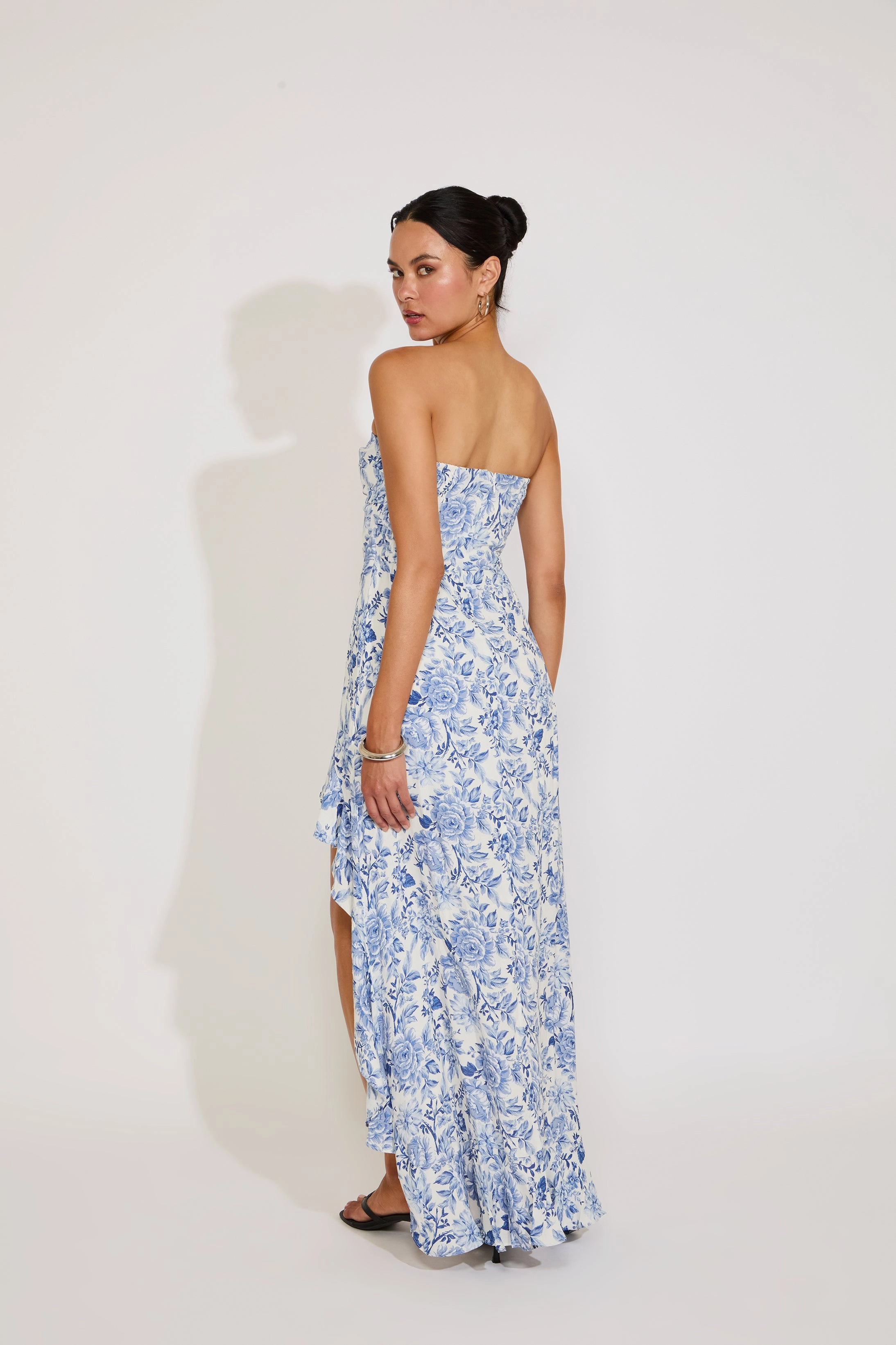 STRAPLESS FLORAL PRINT HI-LO RUFFLE HEM DRESS Formal dinner wear