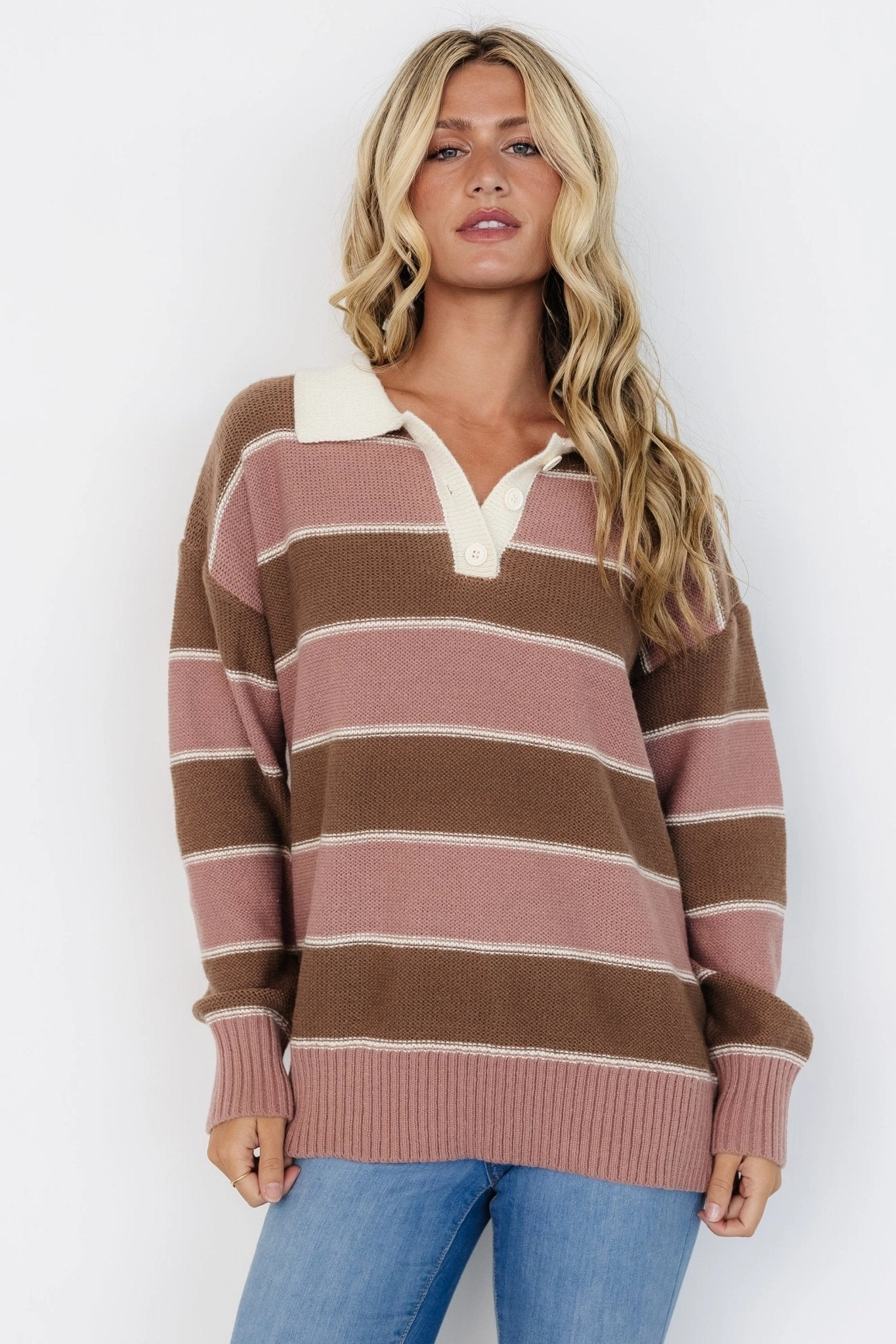 Eco Friendly Material Priya Striped Sweater | Mauve   Mocha