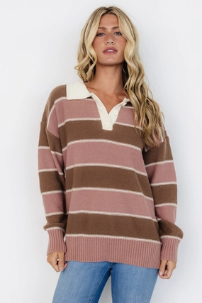 Priya Striped Sweater | Mauve   Mocha Adjustable drawstring