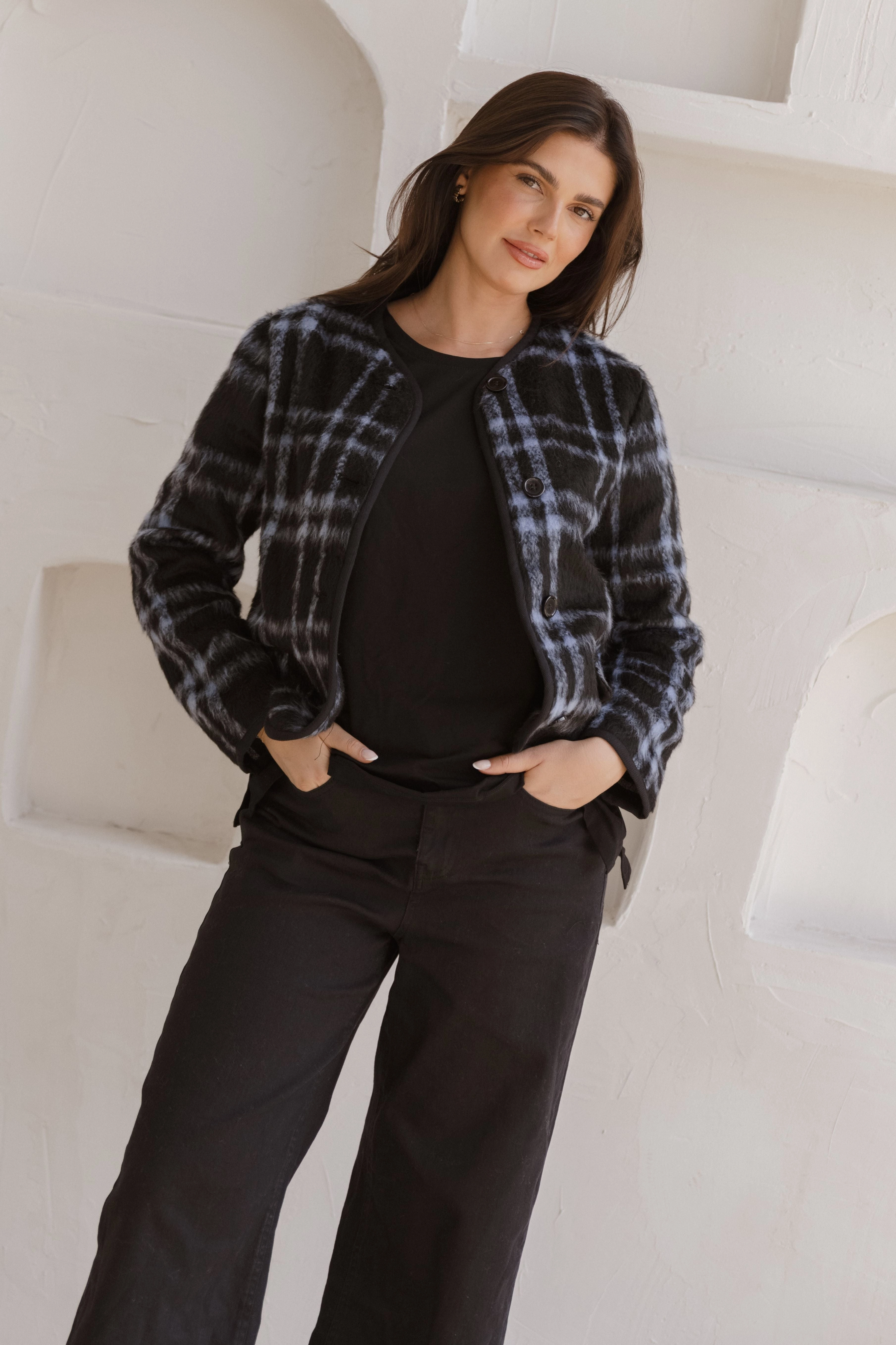 Betty Basics Charlie Check Jacket Blue Check NonRestrictive Cut Reinforced Zippers