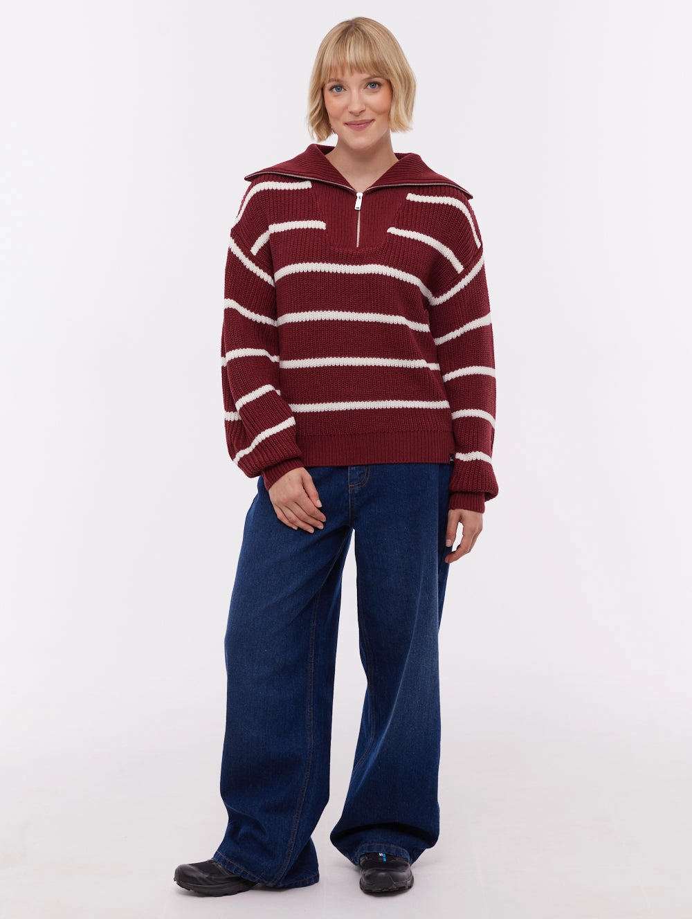 SnagFreeKnit Margita Striped Zippered Funnel Sweater - Red