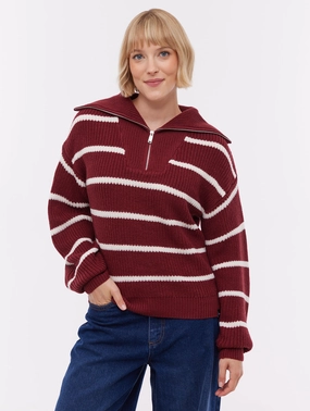 Margita Striped Zippered Funnel Sweater - Red Reinforced Shoulder Anti Fade Technology