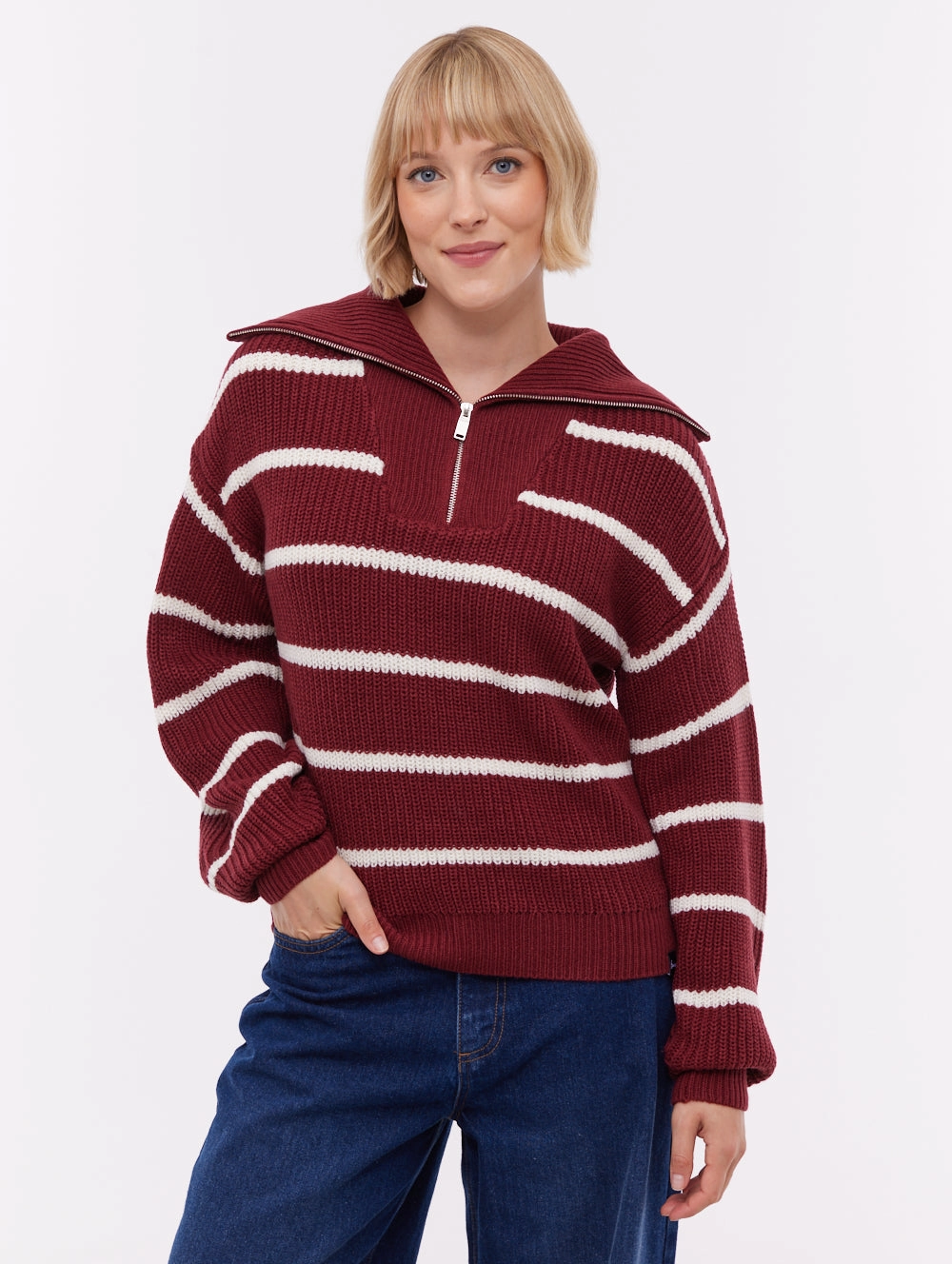 Margita Striped Zippered Funnel Sweater - Red Reinforced Shoulder Anti Fade Technology