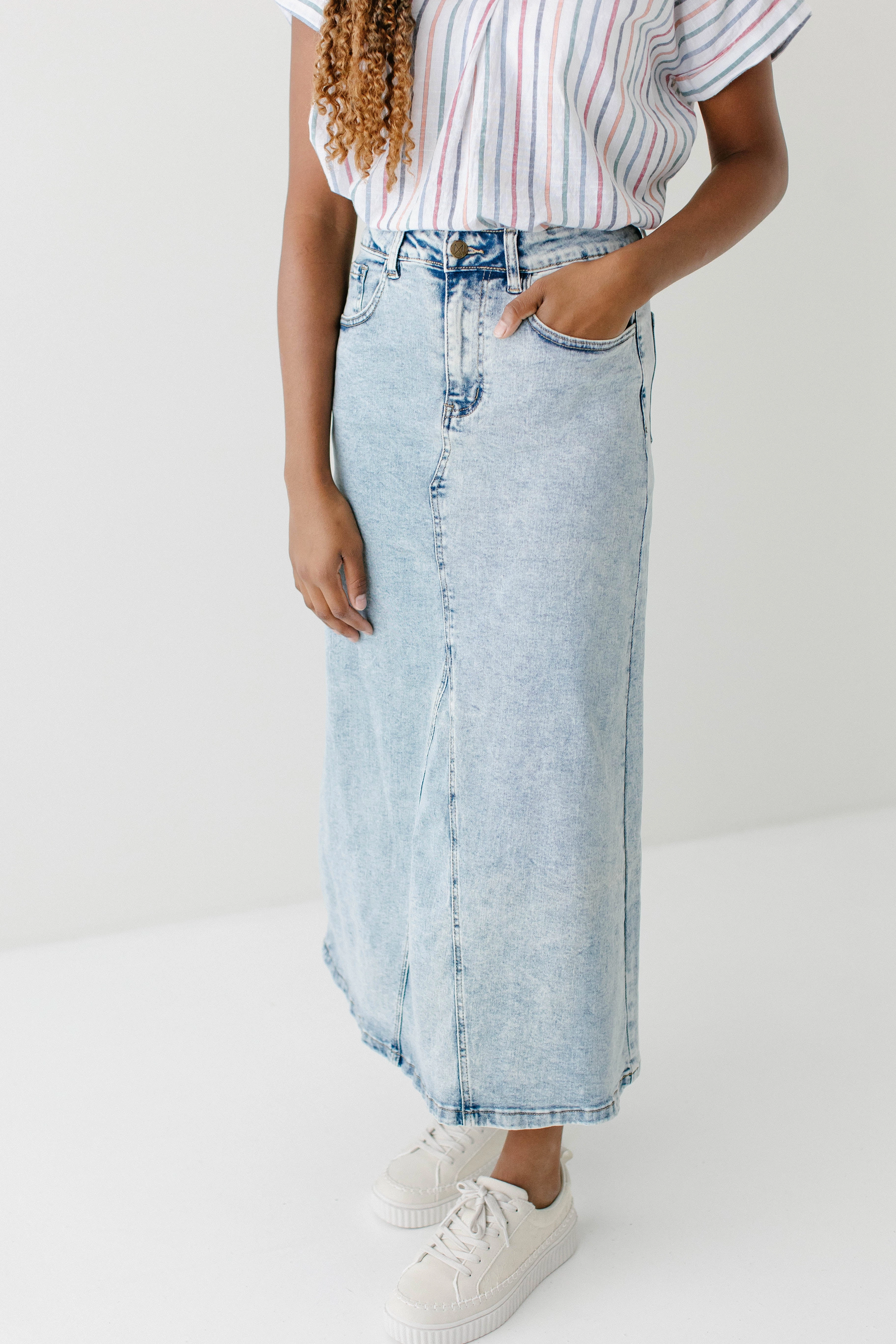 'Brooklyn' Stretch Denim Maxi Skirt in Vintage Wash Day To Night
