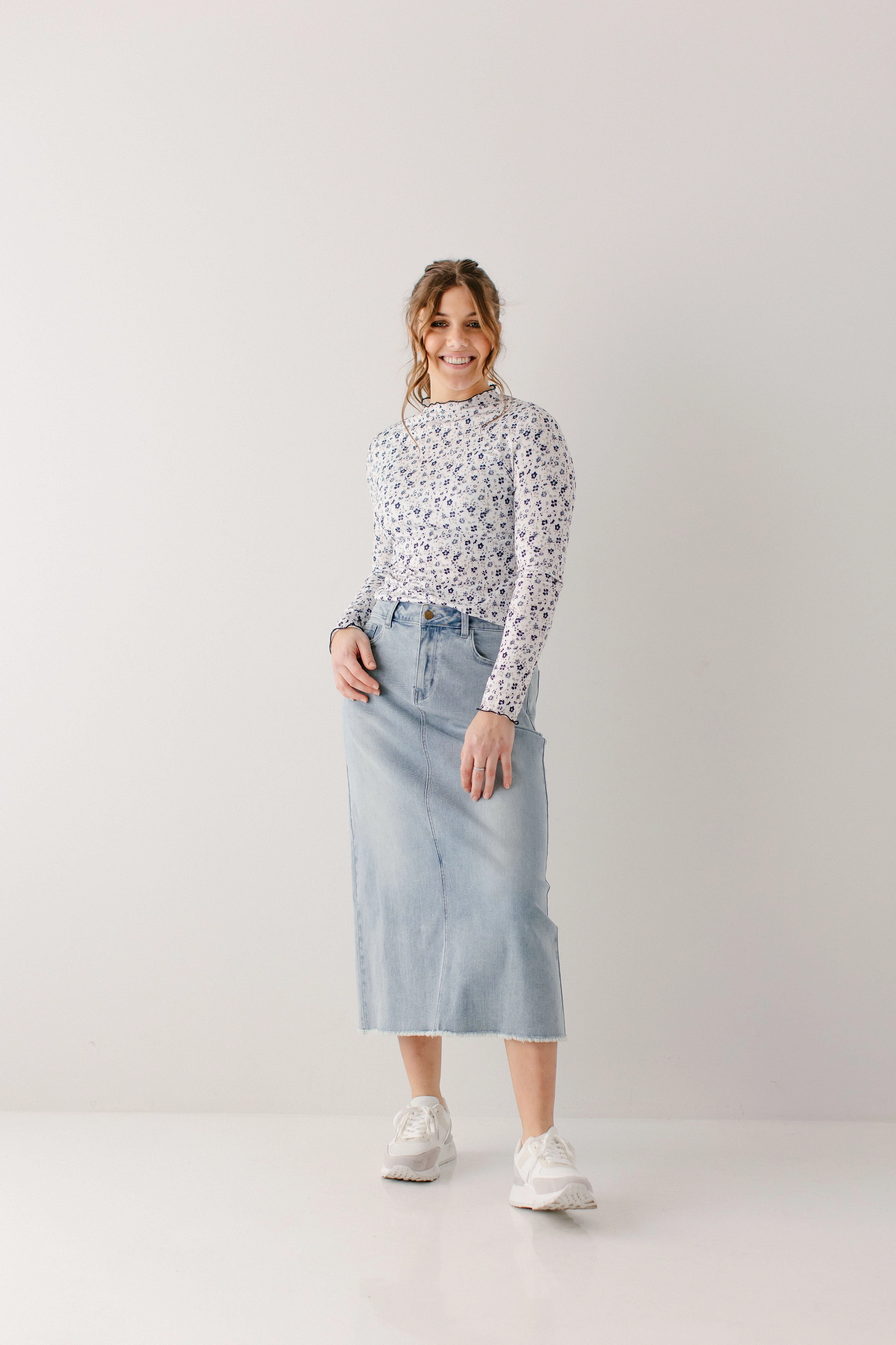 Smart Texture Comfort Fit 'Laura' Petite Length Denim Midi Skirt FINAL SALE