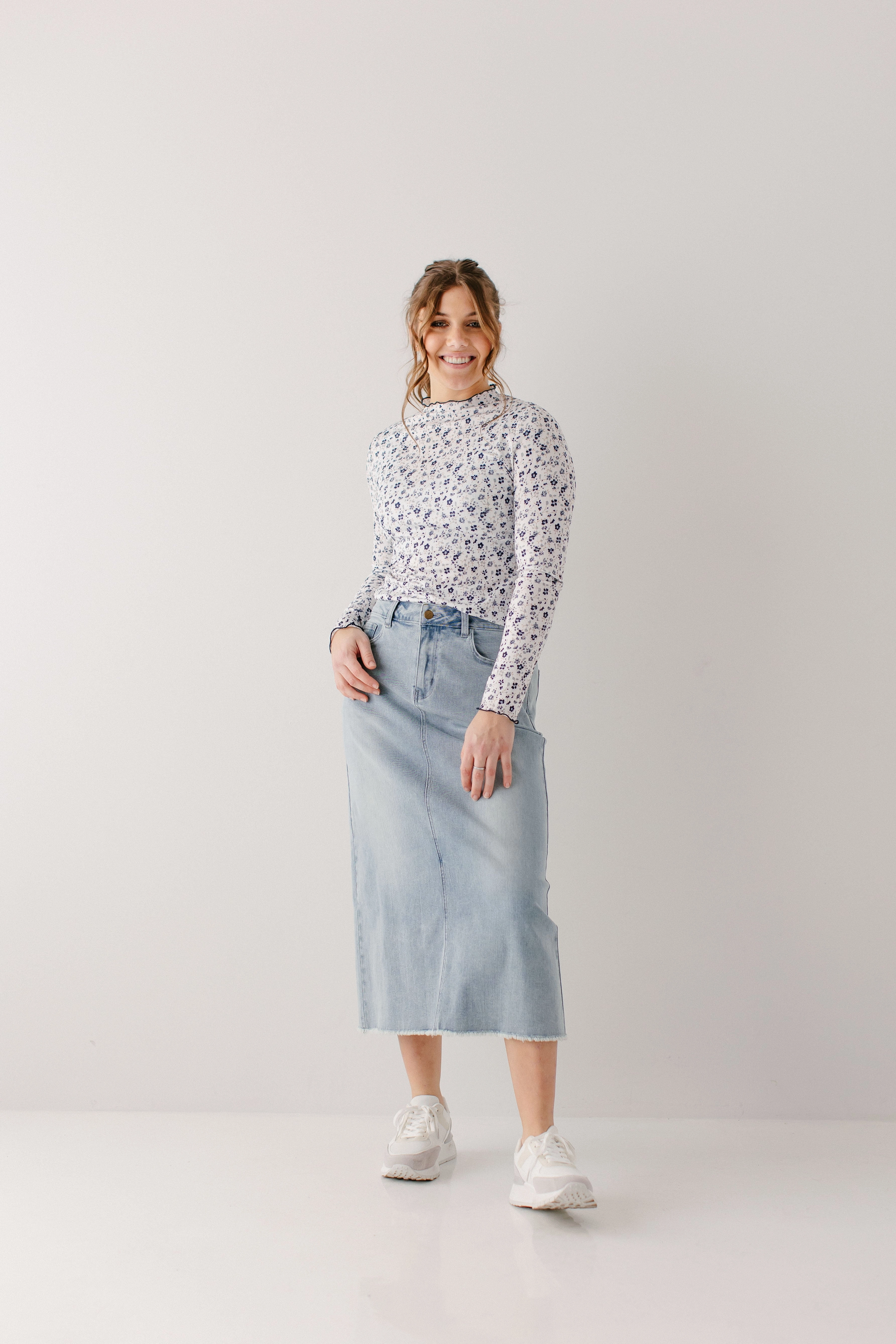 'Laura' Petite Length Denim Midi Skirt FINAL SALE Weekend Style