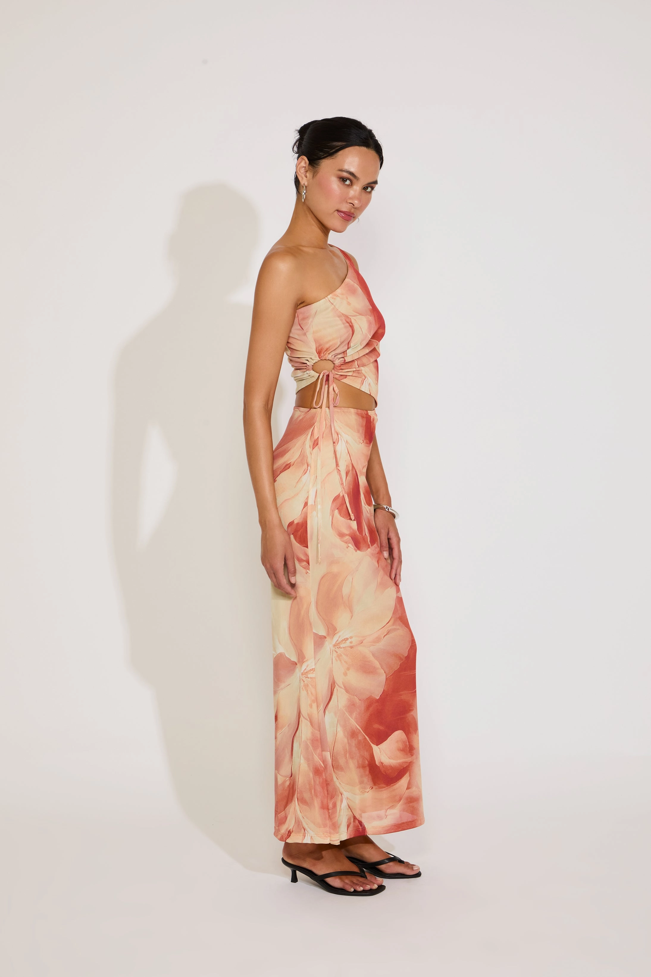 understated look Jewel-Tone ONE SHOULDER ORCHID PRINT CUTOUT MAXI DRESS