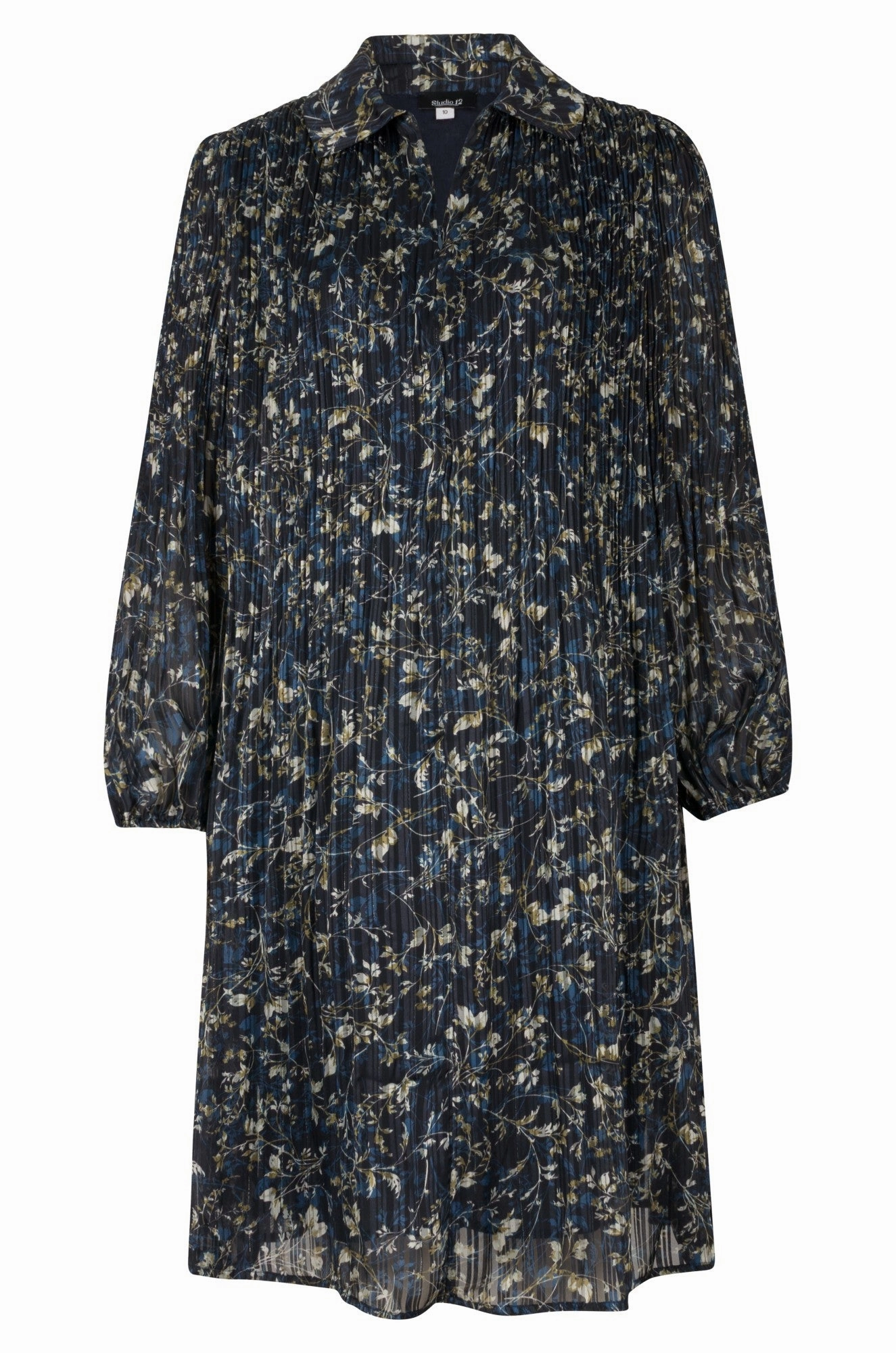 Side-Slit Flower Soft Dress | Navy Olive Stem | 8564B1