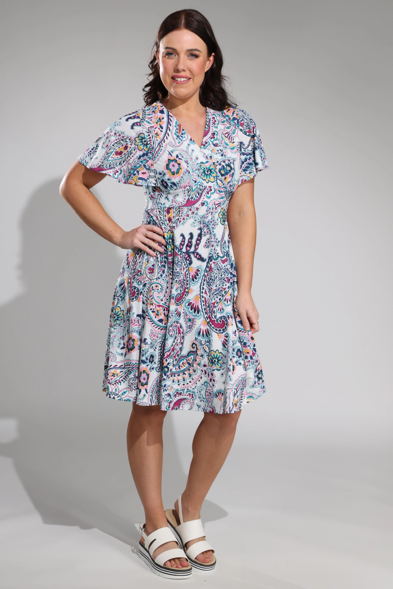 Soul Warm Flowy Layers V neck crossover Dress | PINK PAISLEY | 7433A1