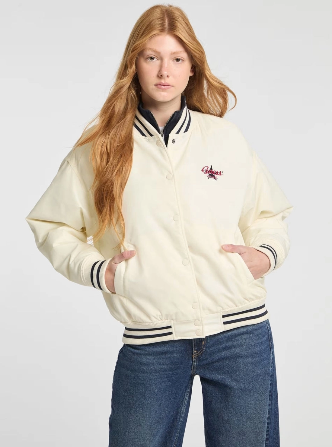 Timeless Piece Guess Jeans White Embroidered Varsity Bomber Jacket