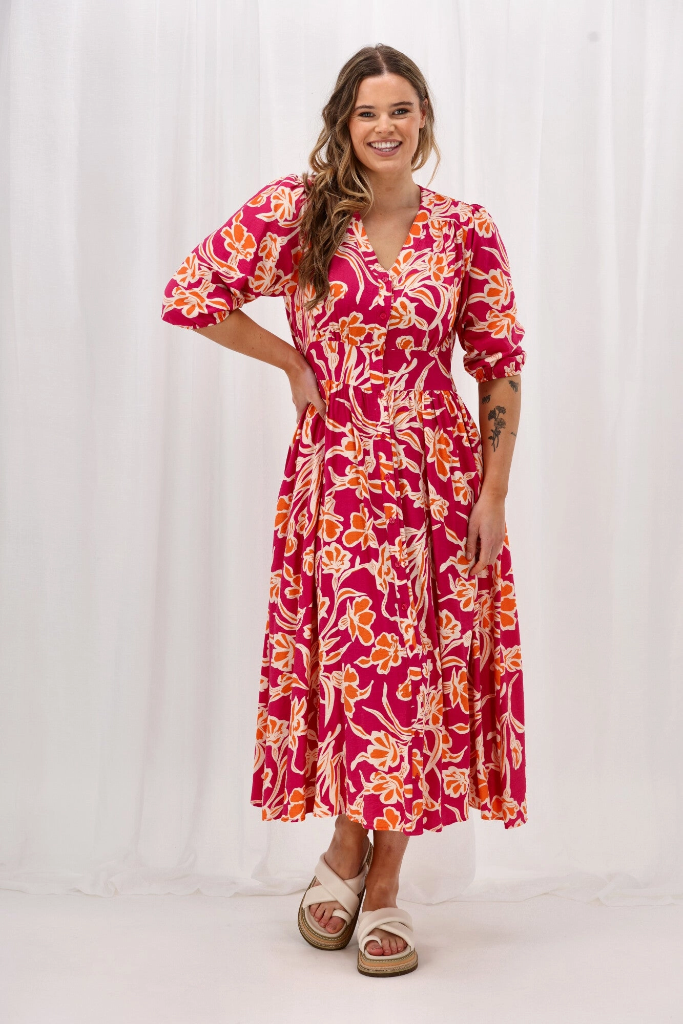 Subtle Mood Sunday Boho Akari Dress Print Fuschia Orange Floral