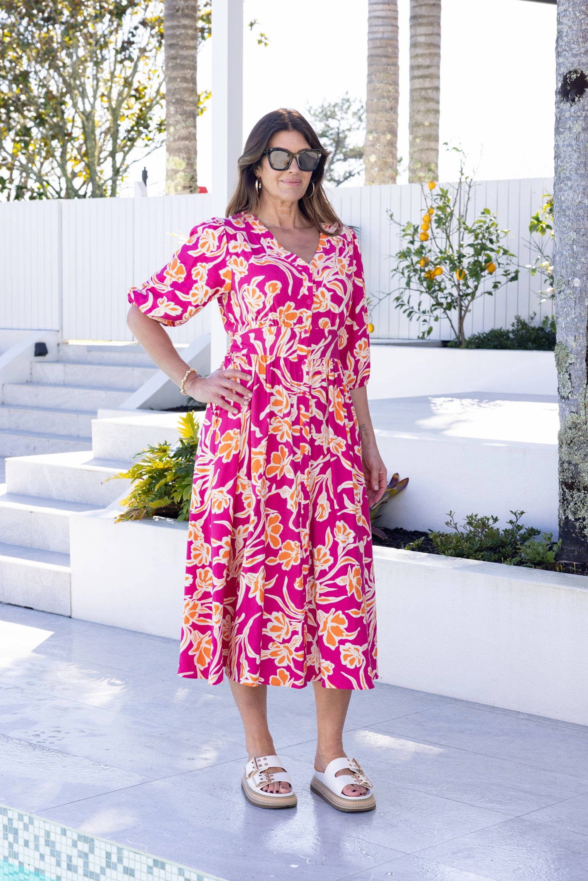 Sophisticated Waist Fit City Friendly Sunday Boho Akari Dress Print Fuschia Orange Floral