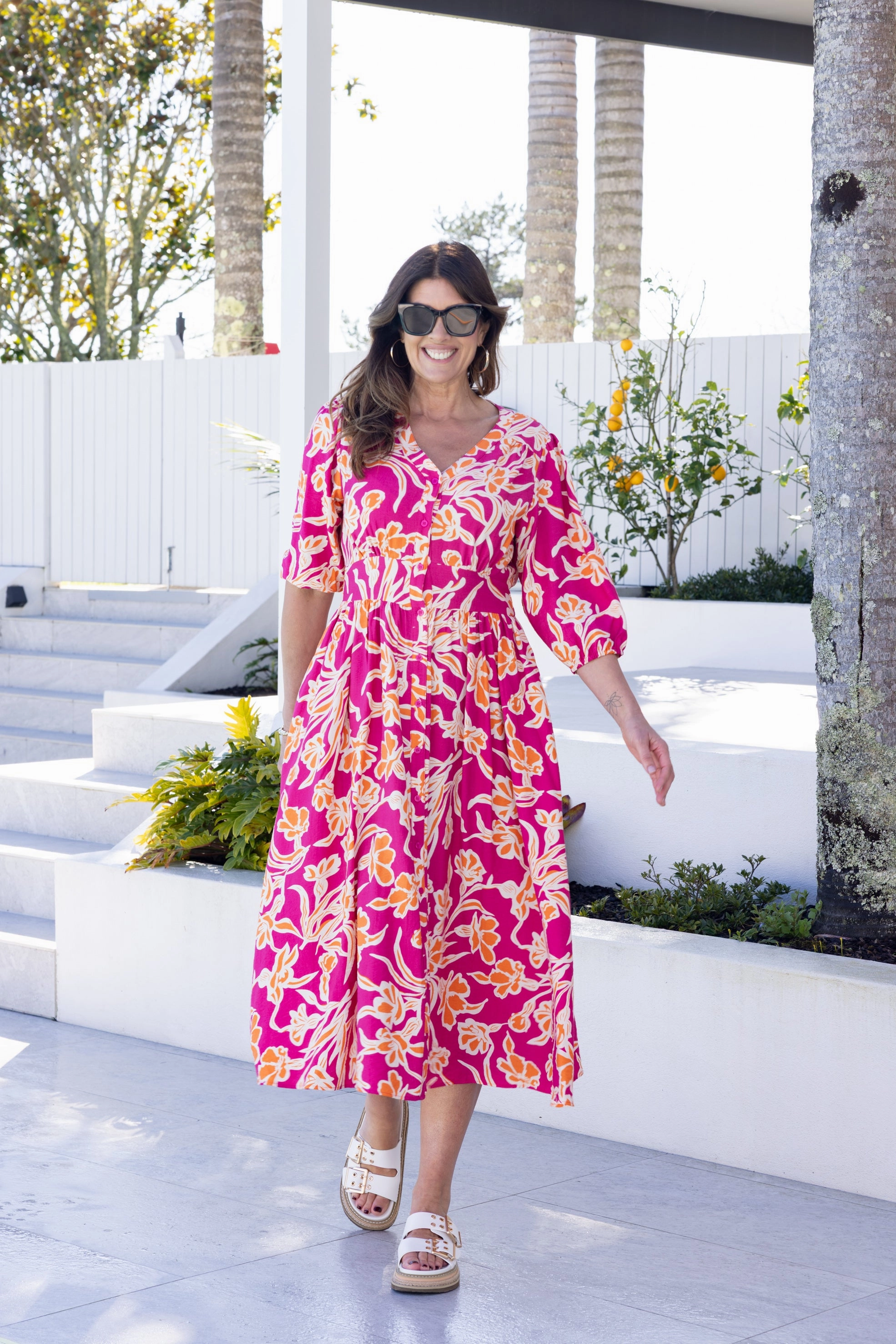 Sunday Boho Akari Dress Print Fuschia Orange Floral Stylish party wear