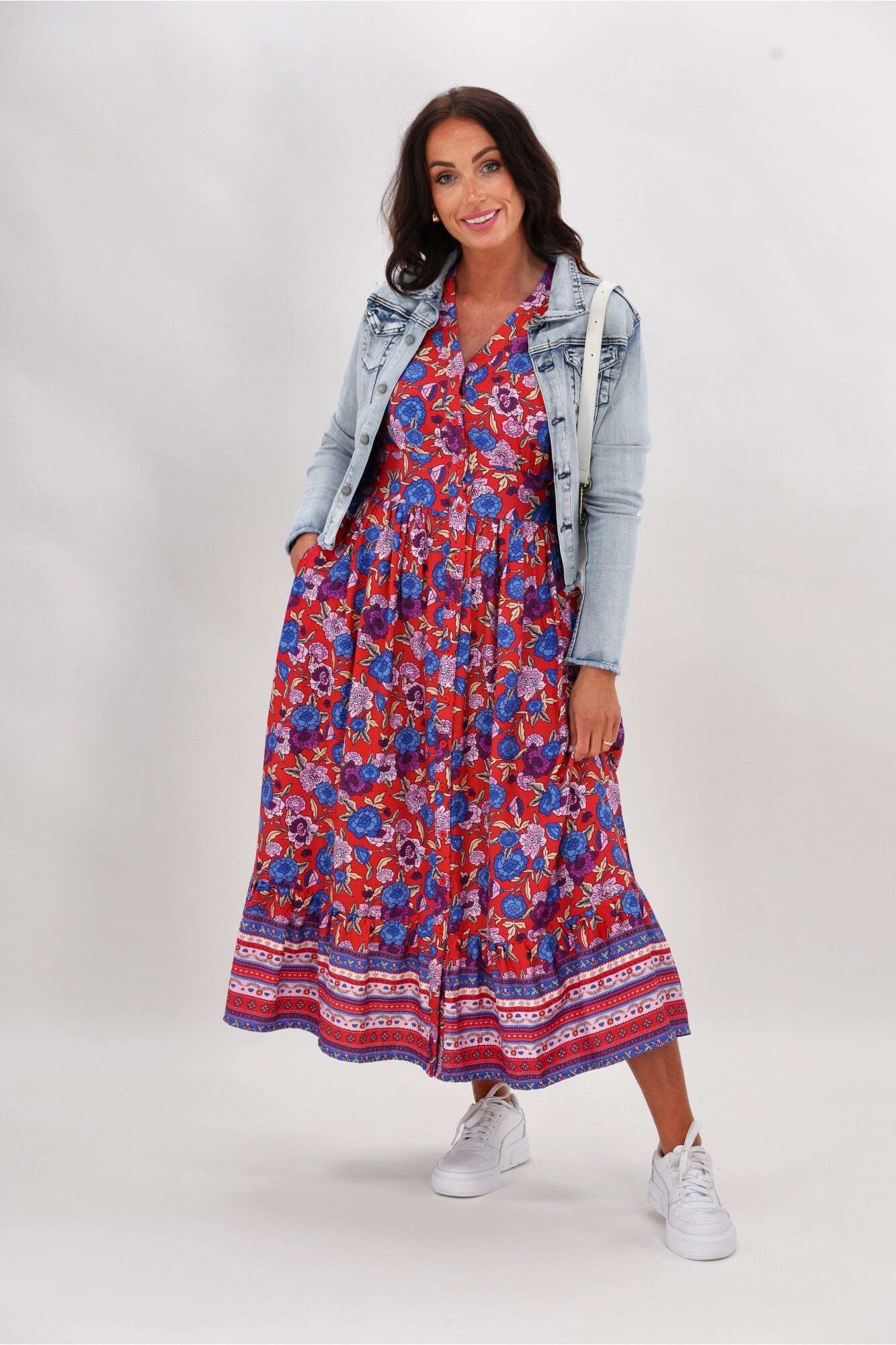 Sunday Boho Faith 3/4 Sleeve Midi Dress Red Floral Casual maxi dress Sleek Comfort