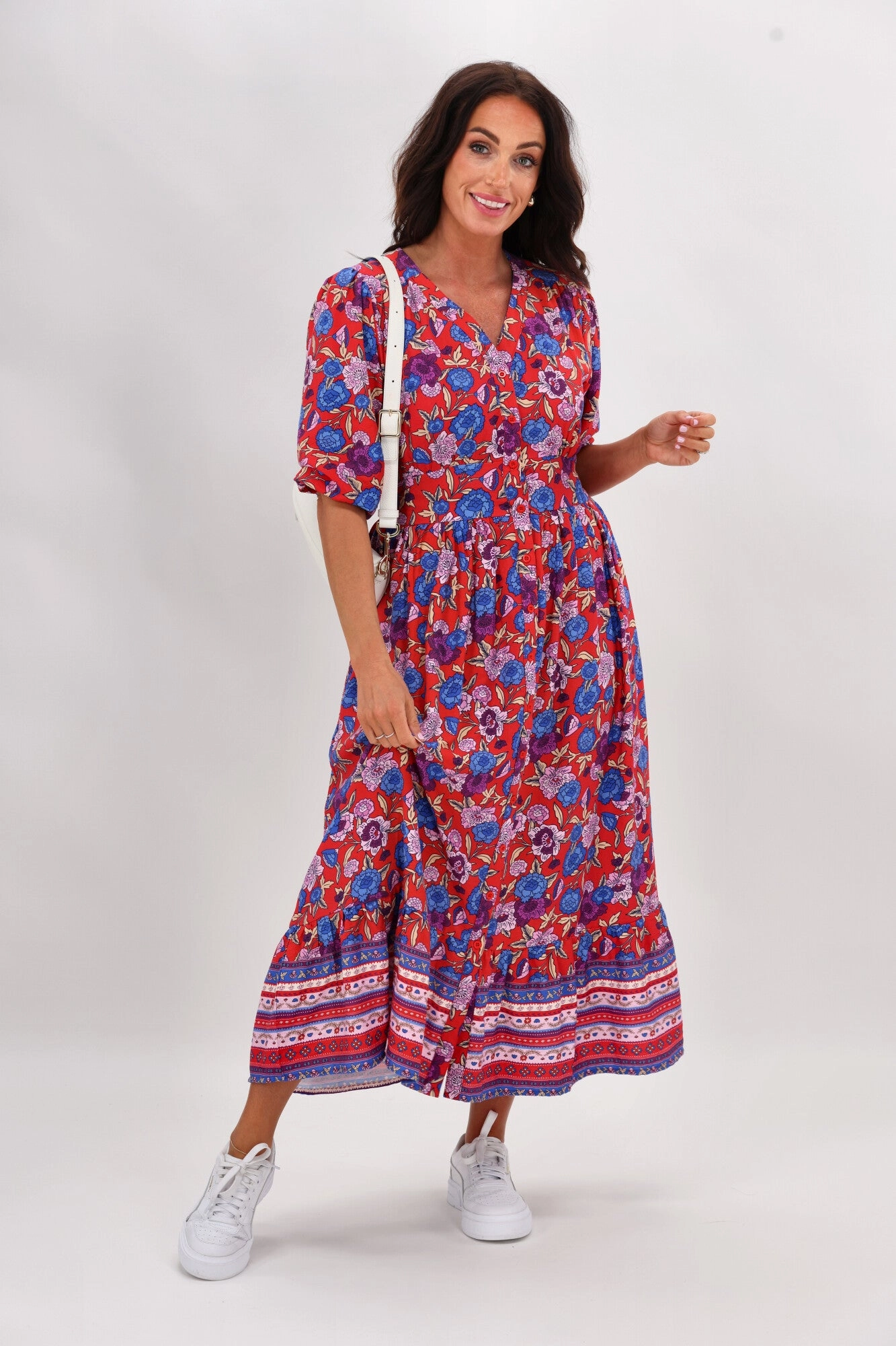 Sunday Boho Faith 3/4 Sleeve Midi Dress Red Floral Light Sheen