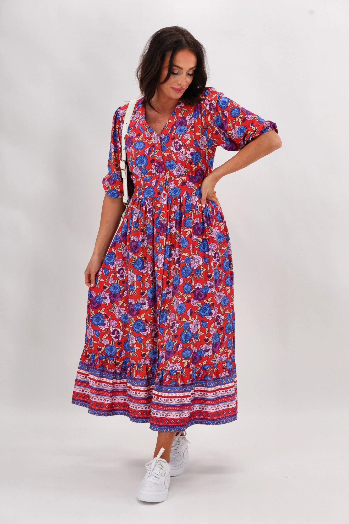 Airy Feel Sunday Boho Faith 3/4 Sleeve Midi Dress Red Floral