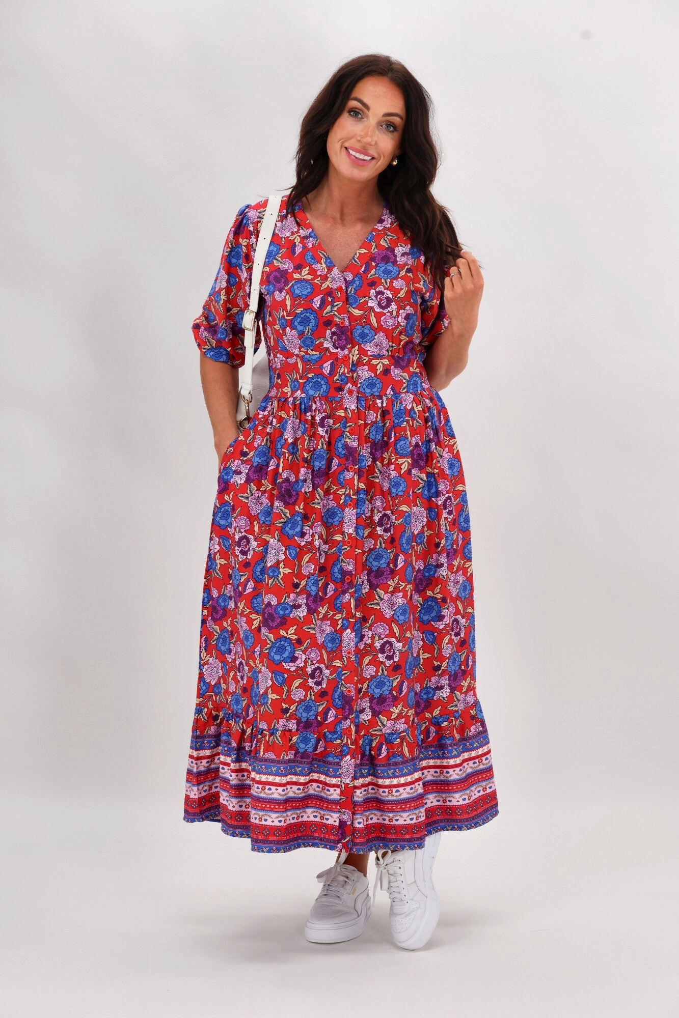 Sunday Boho Faith 3/4 Sleeve Midi Dress Red Floral Casual and Smart Resort Vibes