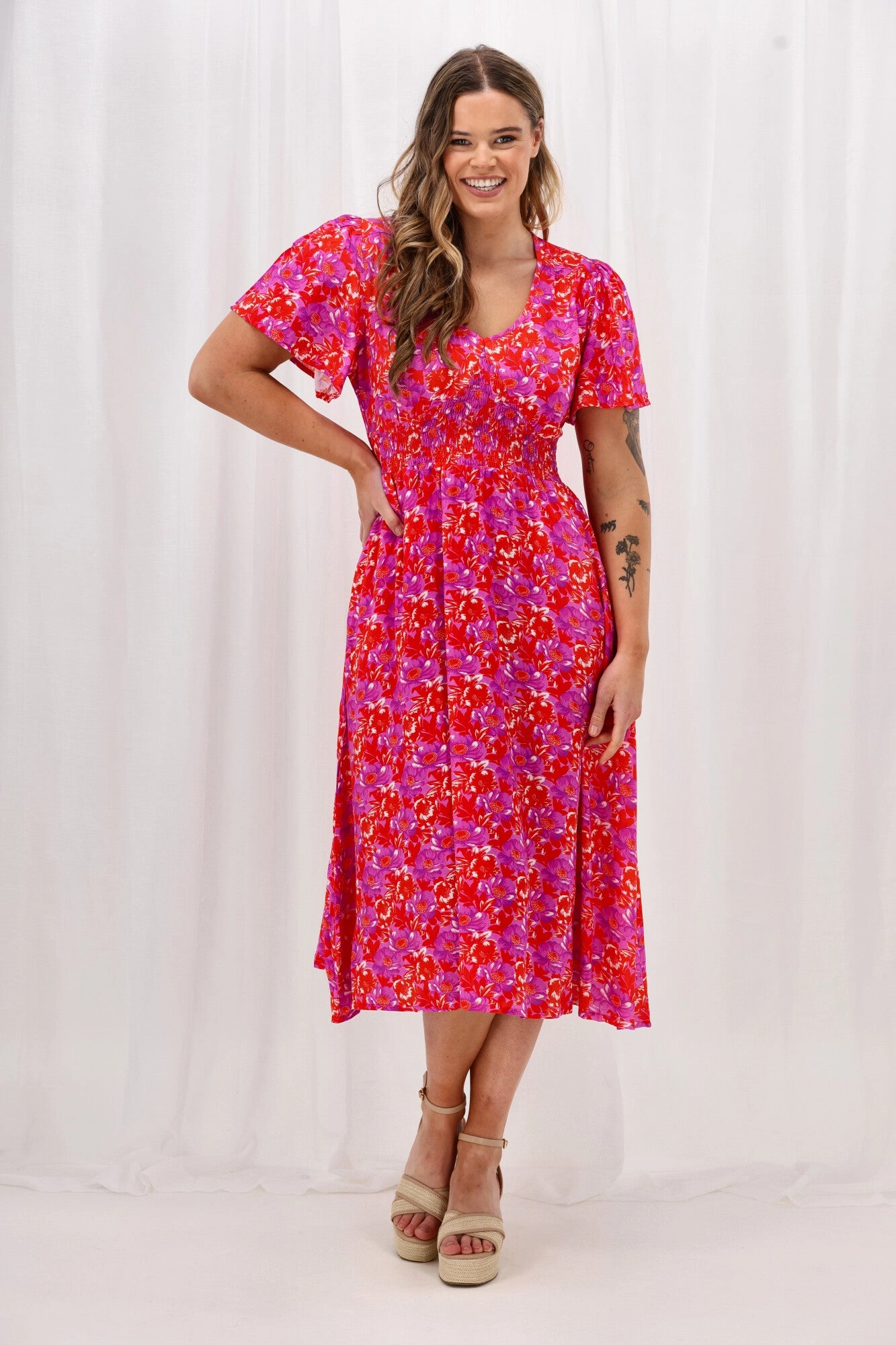 Gentle Flow Timeless office dress Sunday Boho Fiona Flutter Sleeve Midi Dress Red Floral Print