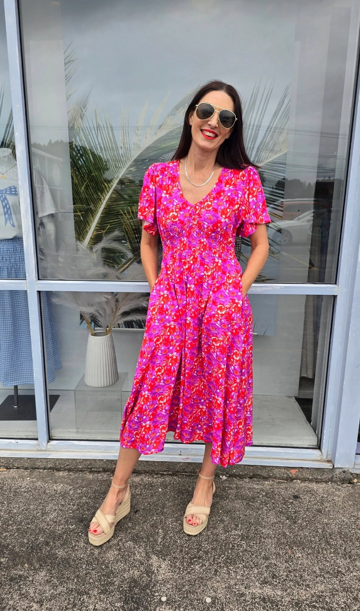 Sunday Boho Fiona Flutter Sleeve Midi Dress Red Floral Print Fall Ready