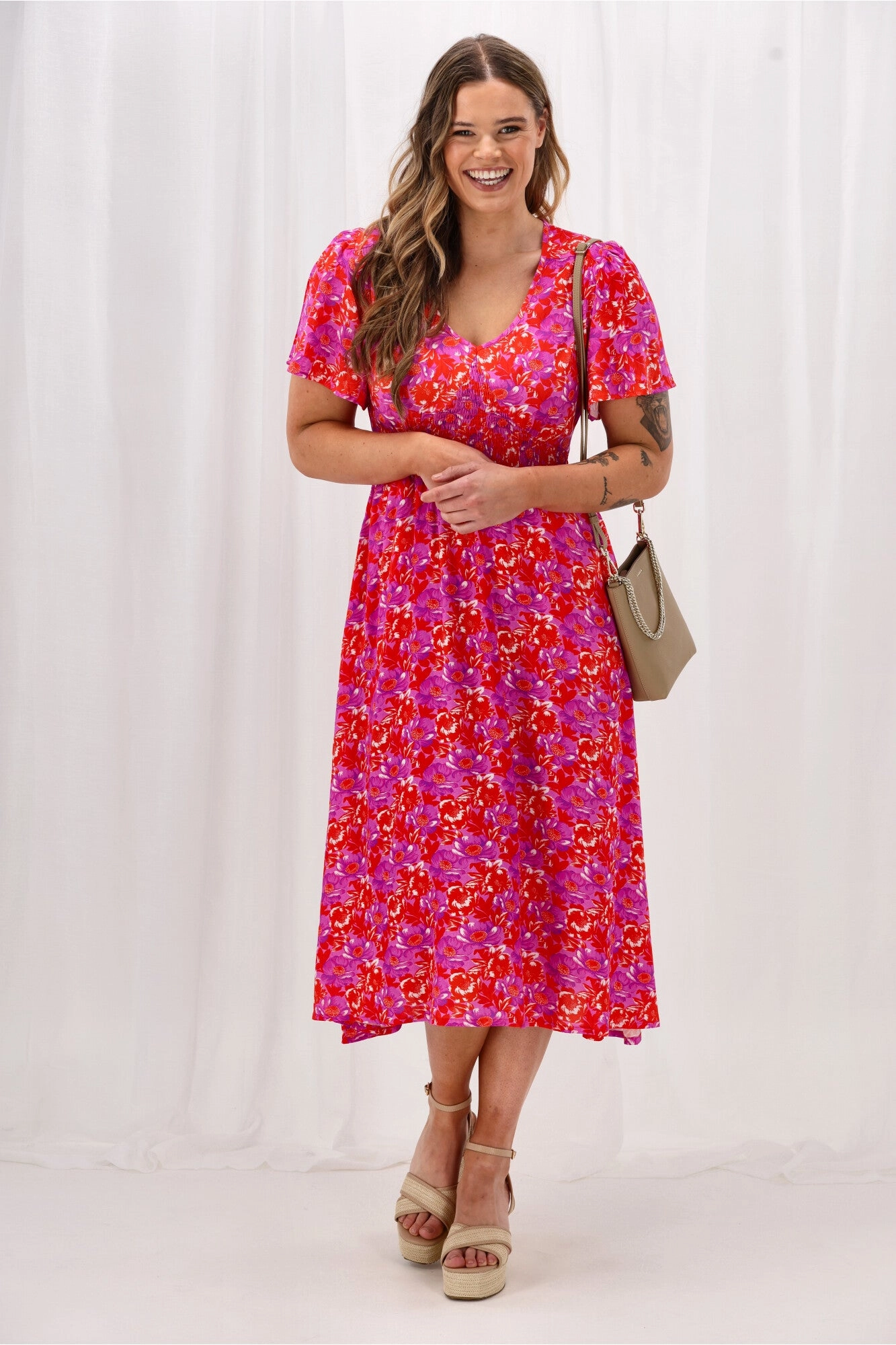 Sharp Finish Drapey Fabric Sunday Boho Fiona Flutter Sleeve Midi Dress Red Floral Print