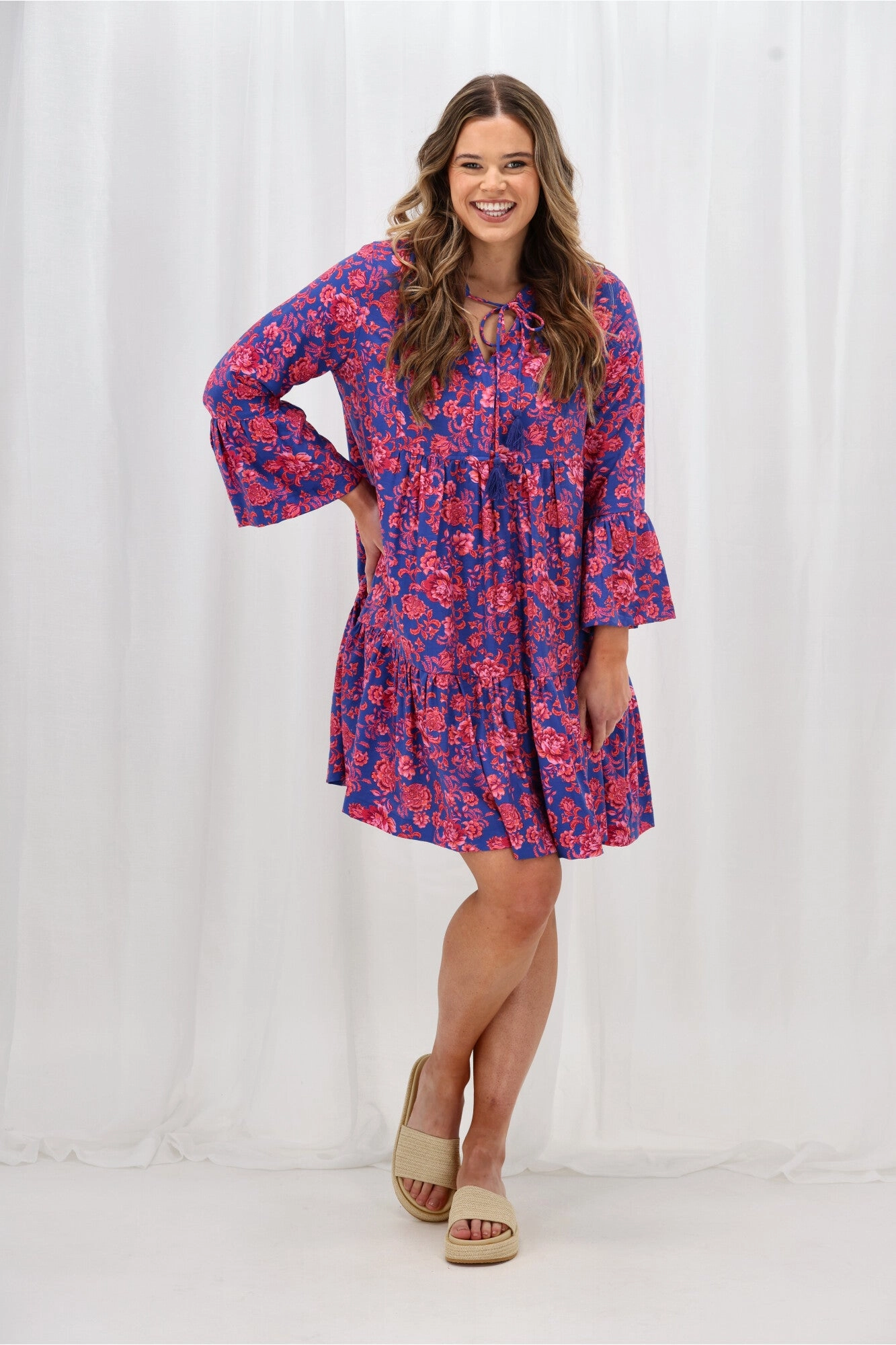 Flattering Silhouette Soft and Relaxed Sunday Boho Isabelle Flounce Dress Blue Floral Print