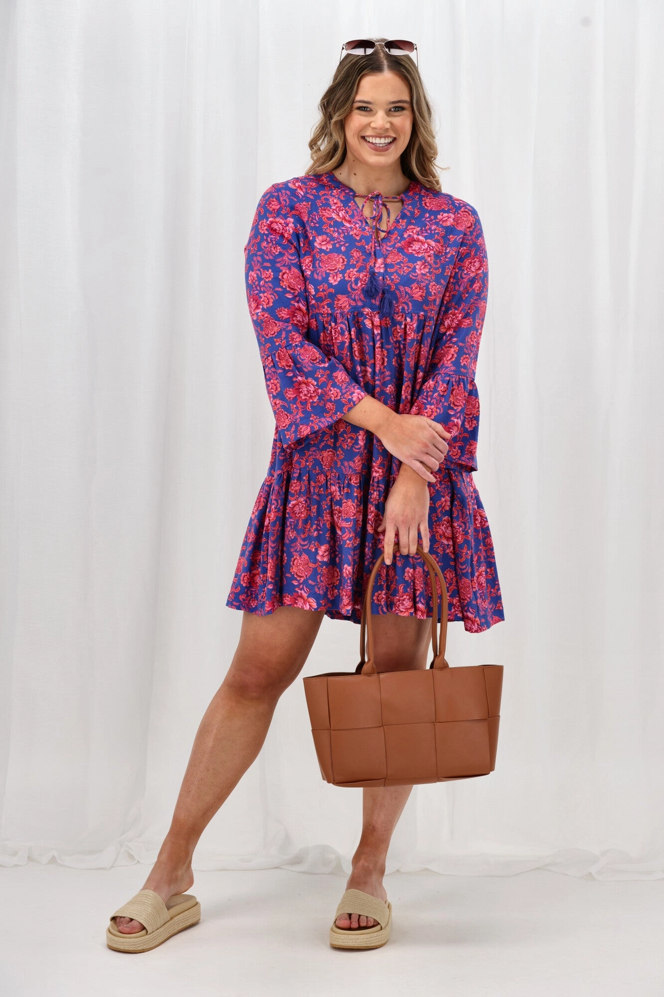 Petite-Size Sunday Boho Isabelle Flounce Dress Blue Floral Print