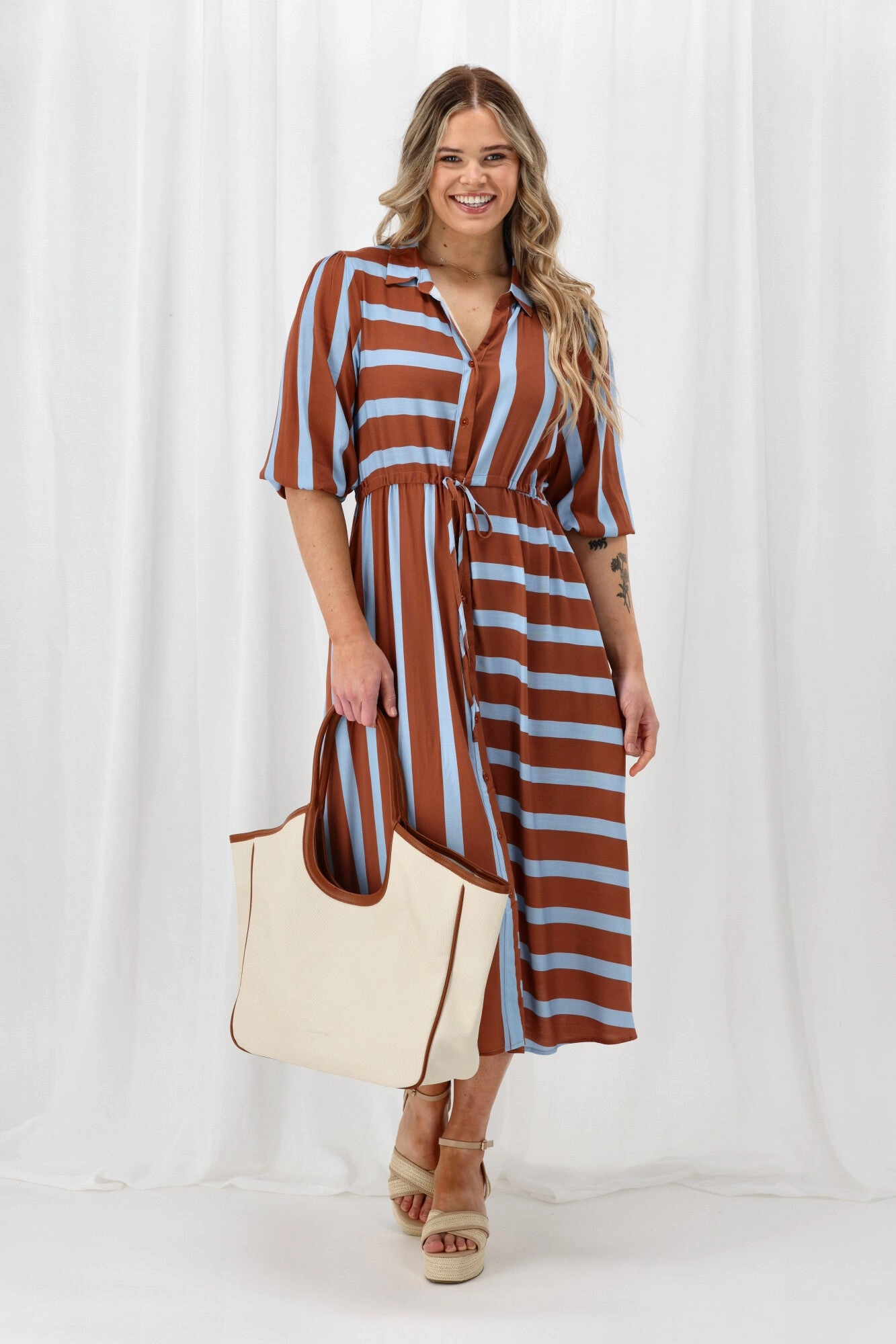 Sunday Boho Melanie Midi Dress Brown And Blue Stripe Easy Going Scandi Clean
