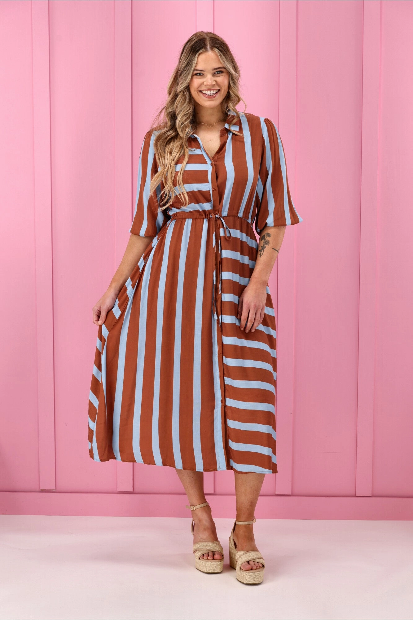 Tailored-fit Sunday Boho Melanie Midi Dress Brown And Blue Stripe
