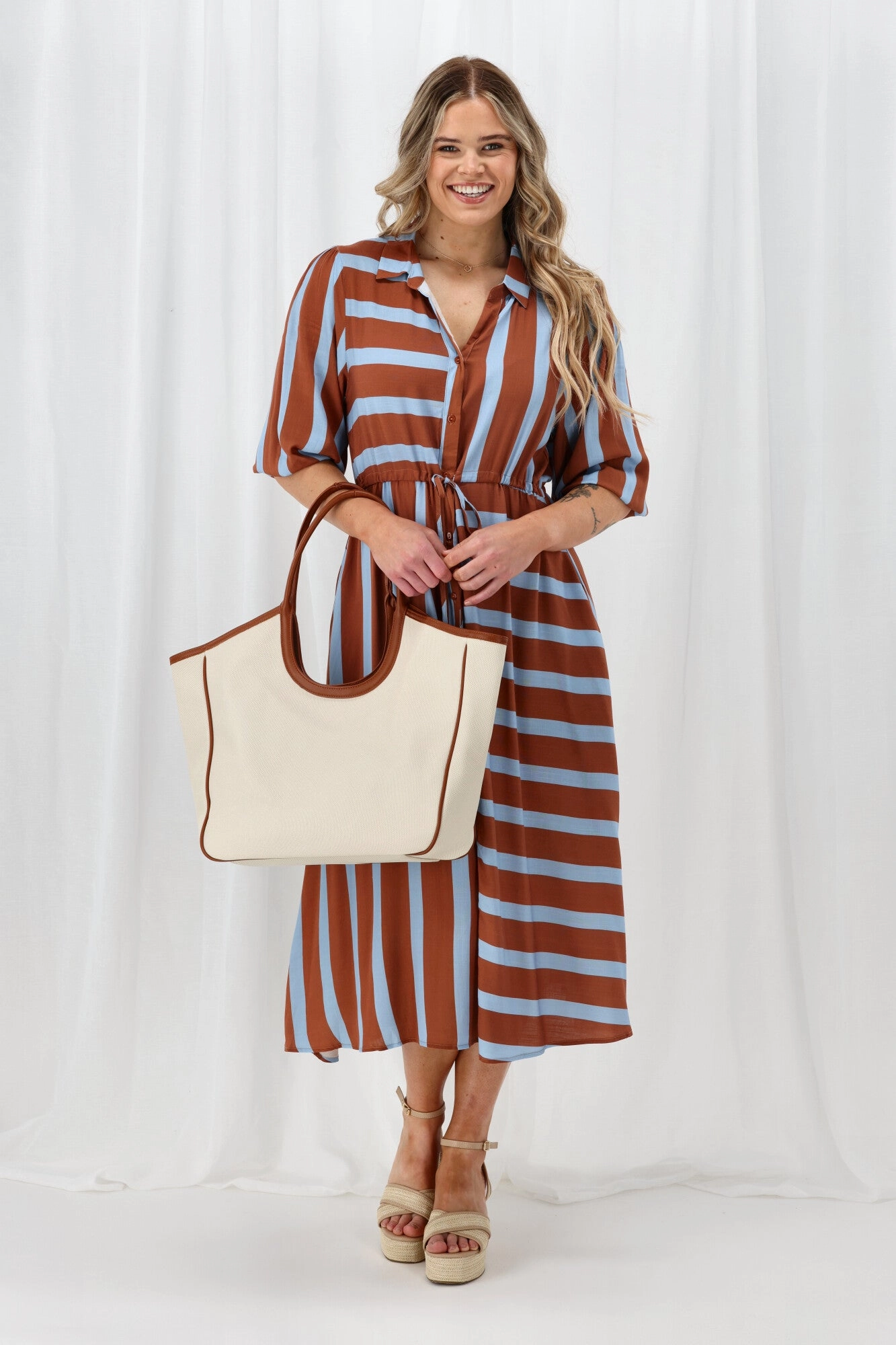 Sunday Boho Melanie Midi Dress Brown And Blue Stripe All Daywear
