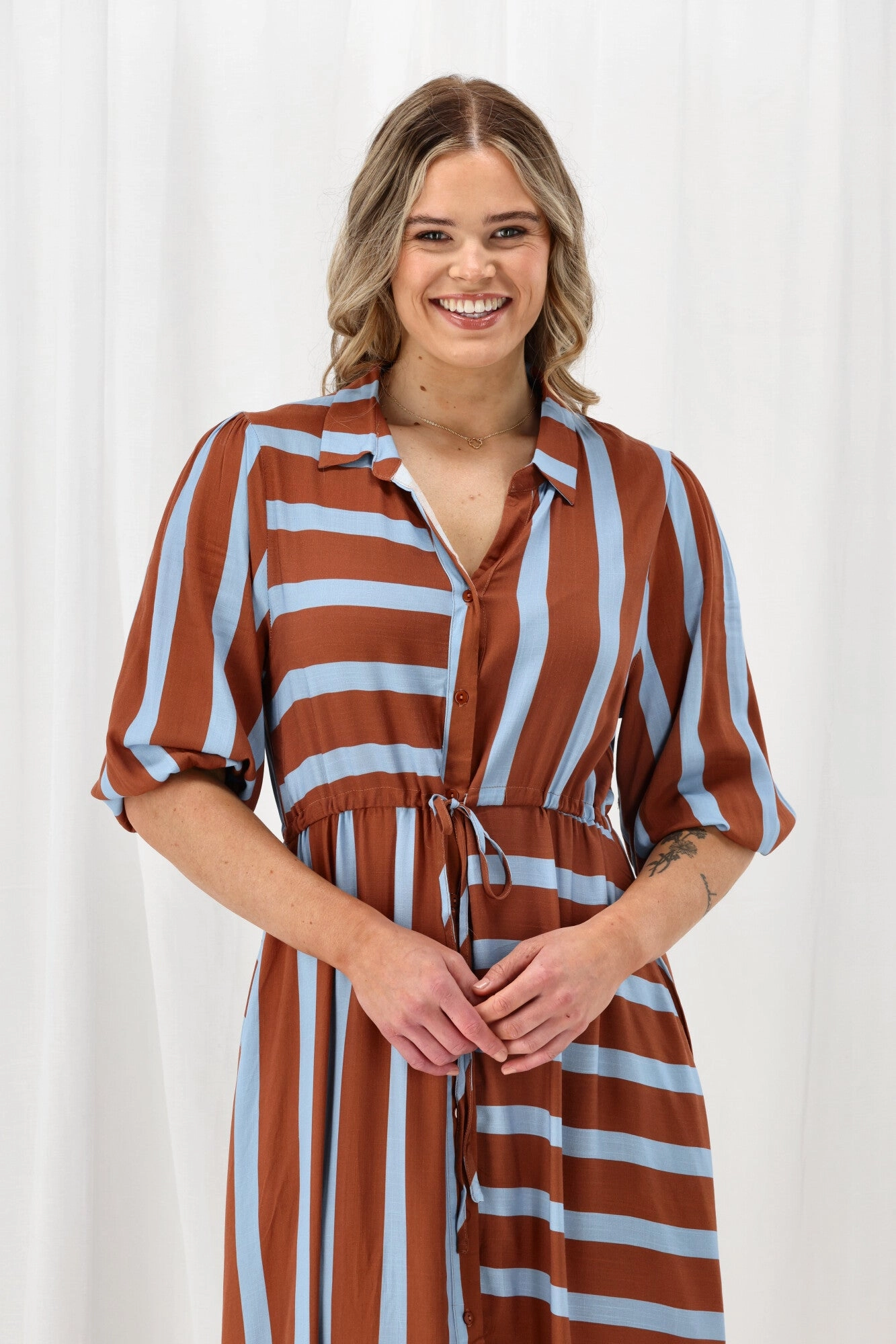 Smooth silhouette Perfect for Layering Sunday Boho Melanie Midi Dress Brown And Blue Stripe