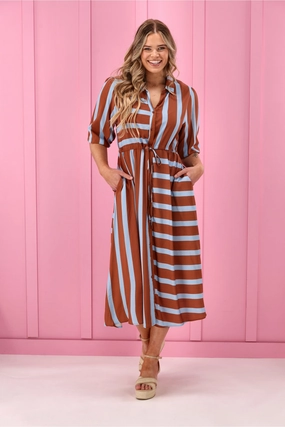 Sophisticated Layers Sunday Boho Melanie Midi Dress Brown And Blue Stripe