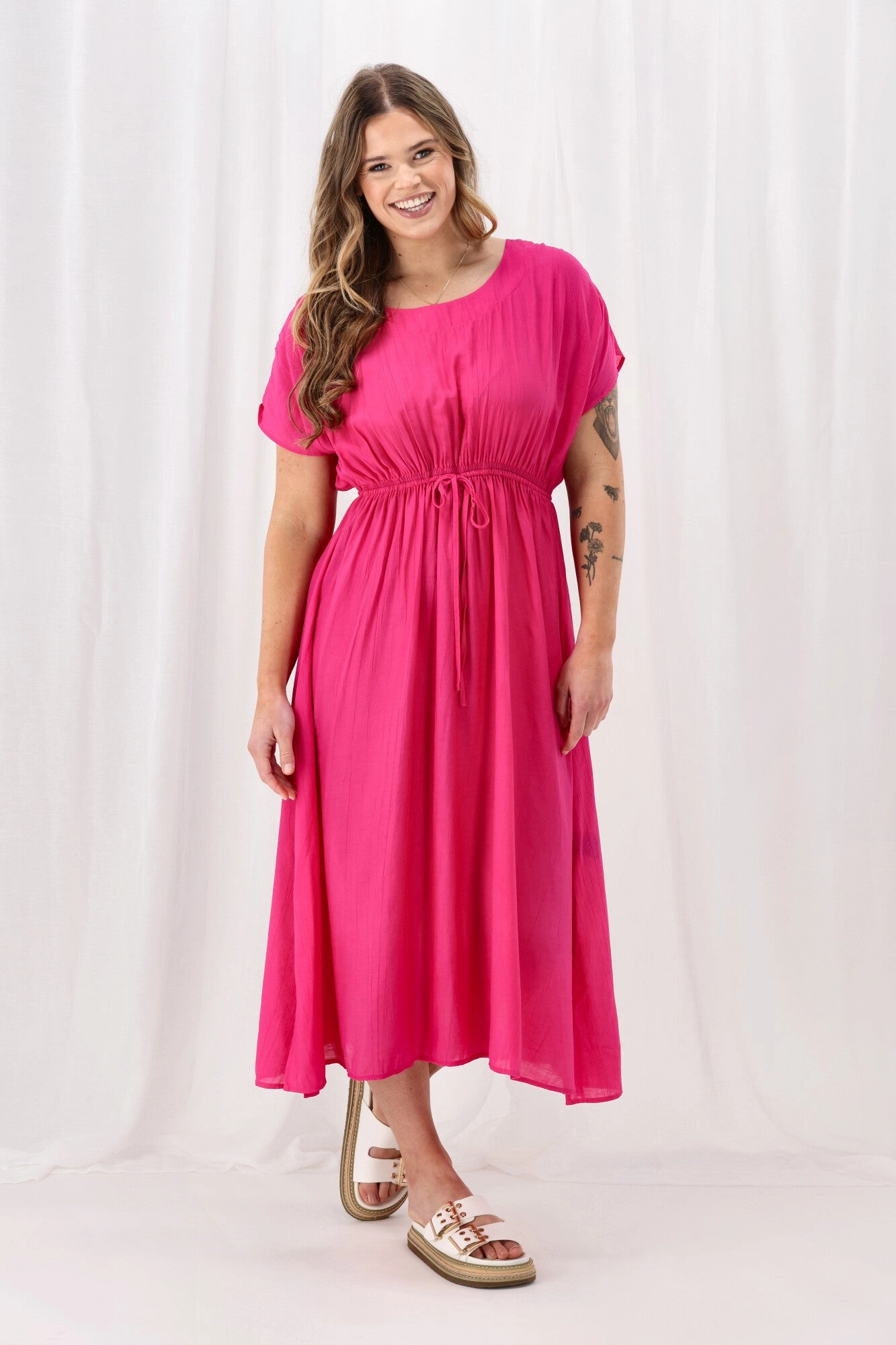 Boho Aesthetic Sunday Boho Myra Shirred Shoulder Dress Fuchsia