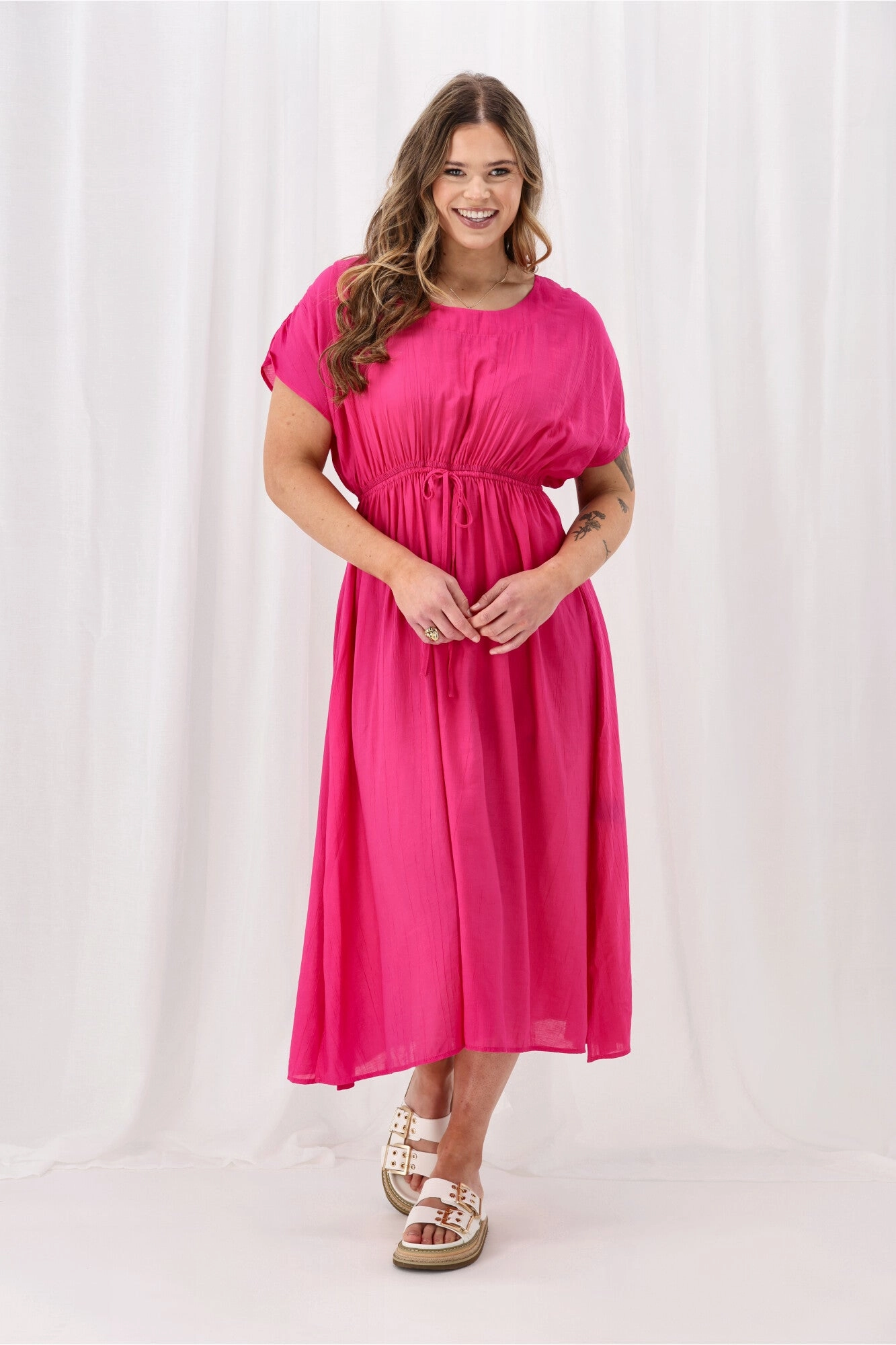 Comfortable Touch Chic and Stylish Sunday Boho Myra Shirred Shoulder Dress Fuchsia